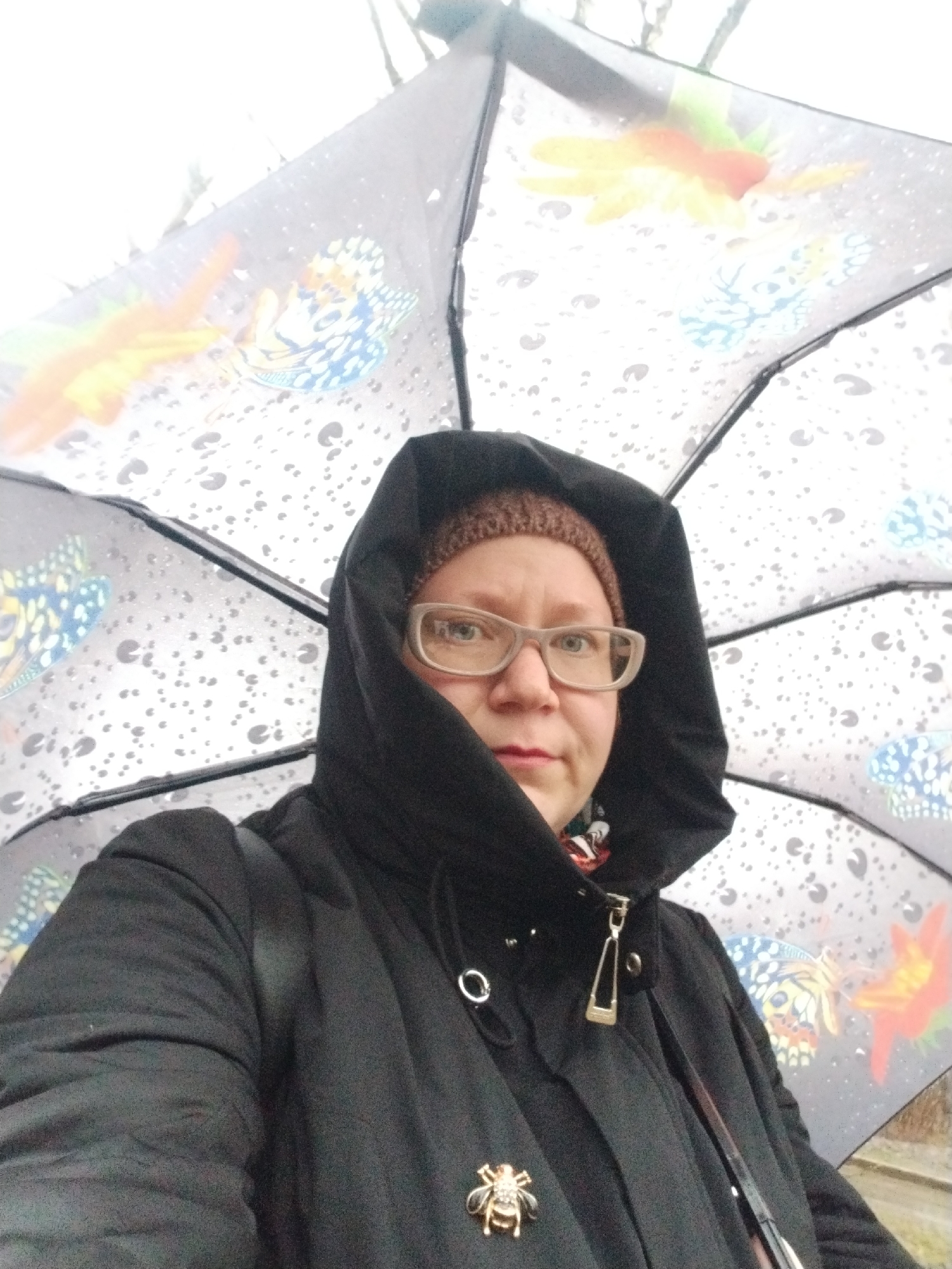 A woman is standing under an umbrella. She has blonde hair, eyeglasses, and a dark coat with a hood up. She is wearing a beanie under the hood. The umbrella is clear with images of butterflies and raindrops. There is a bee brooch on her jacket. The location is Unknown, Unknown.