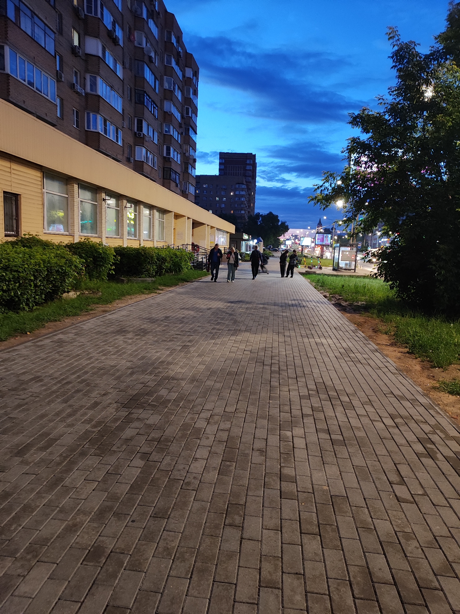 An outdoor, eye-level, full shot captures a wide paved walkway in the city of Unknown, Unknown, at dusk. The walkway is constructed of grey rectangular paving stones, with a green grassy area bordering the right side of the path. On the left of the walkway, there is a long, low, light-yellow building with several windows and an air conditioner unit visible. Behind this building, a tall, multi-story brick apartment building rises into the dark blue, cloudy sky. Several people are walking on the paved path. Further down the walkway and to the right, there is a street with traffic, illuminated by streetlights and advertising displays. A large tree with green leaves is visible on the right side of the frame, its branches extending upwards and towards the viewer.