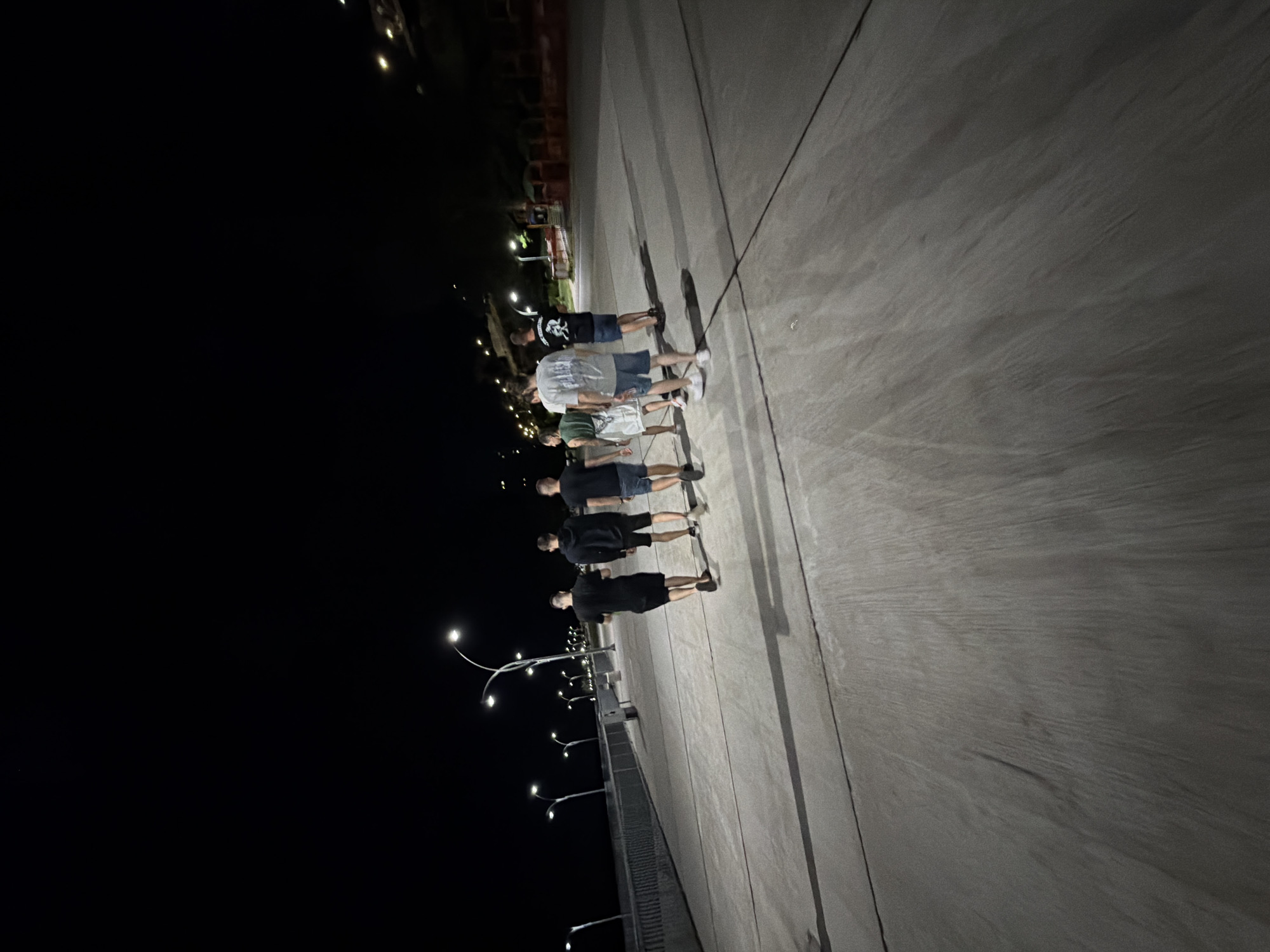 Six individuals, five males and one female, are walking along a paved promenade at night. The promenade appears to be located in Ruse, Bulgaria, potentially along the Danube River, evidenced by the presence of lampposts illuminating the path and a railing on the left side of the frame separating the promenade from what appears to be a body of water or embankment. The individuals are walking away from the camera, their figures silhouetted against the dark sky and illuminated by the artificial lights. The ground is a light-colored concrete with visible seams and some subtle variations in texture, suggesting it is well-maintained. The environment is dark, with the main light sources being the streetlights and some distant building lights or reflections. The overall impression is a casual stroll or group outing at night in an urban waterfront area.