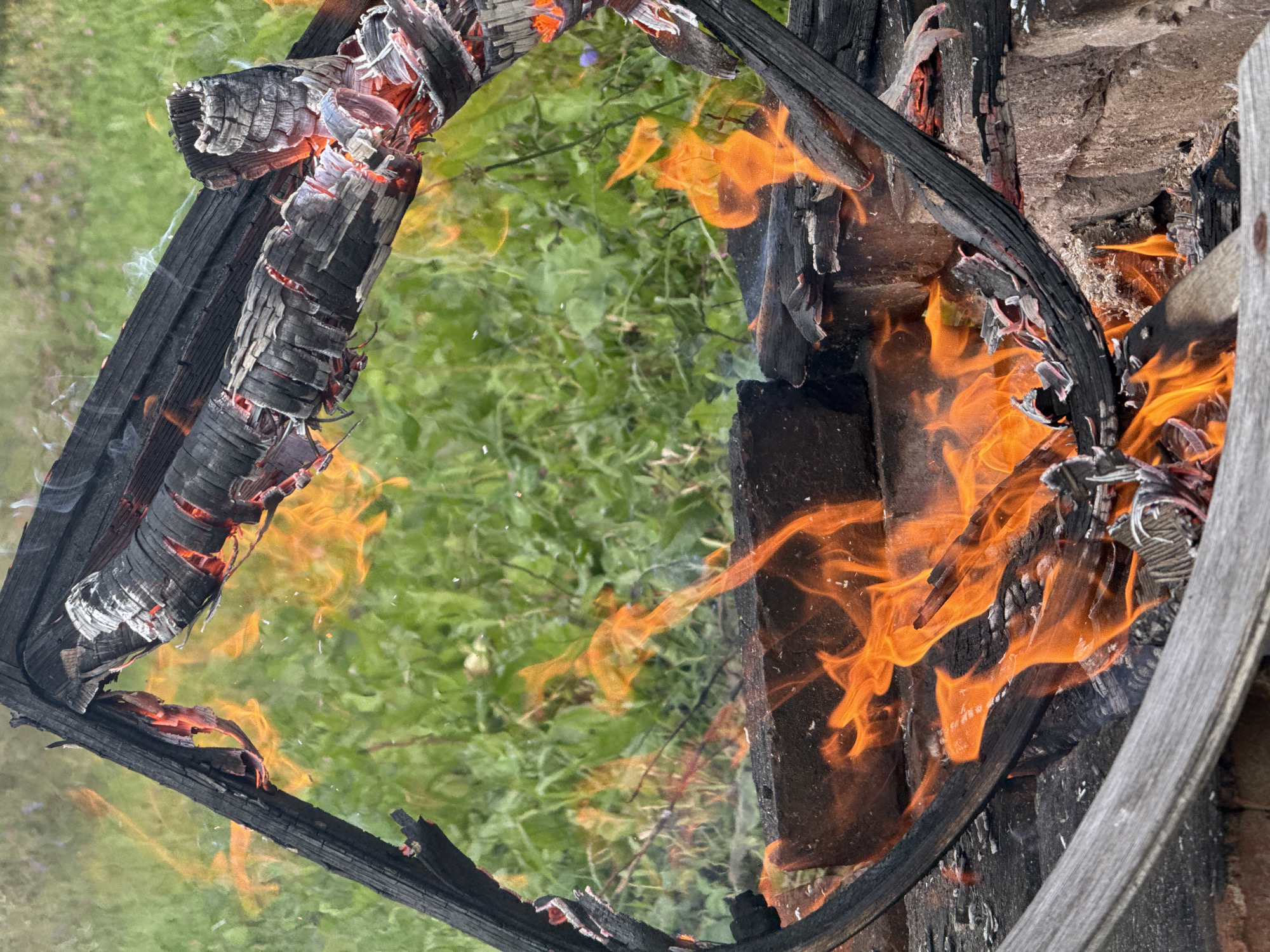 In an outdoor, rural setting, a fire burns within a makeshift structure constructed of charred wood and bricks. The fire, characterized by vibrant orange flames and wisps of smoke, illuminates the surrounding environment. The background consists of green foliage, suggesting a natural landscape. The charred wooden beams, some appearing to form an unstable frame, are consumed by the flames, with glowing embers visible within their cracked surfaces. Bricks form the base of the fire, providing a sturdy foundation. The scene depicts an active fire, with no human presence immediately evident.