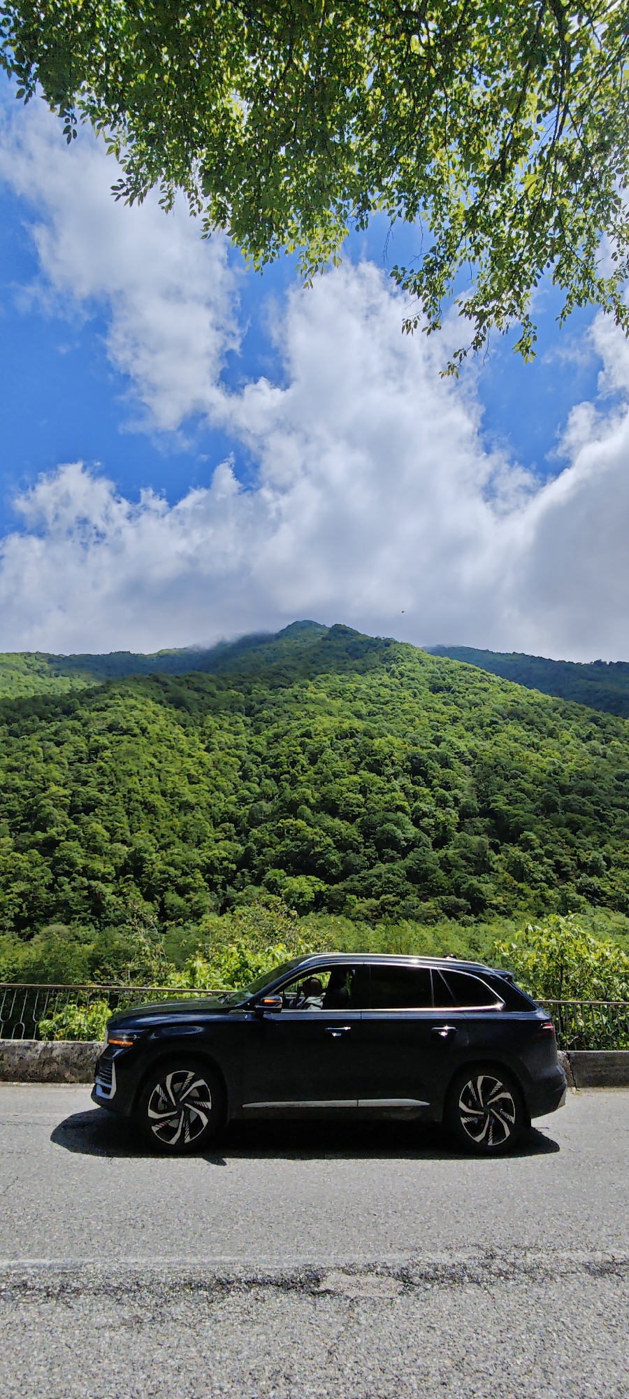 This vertical shot depicts a scenic mountain landscape in Bzypta, Abkhazia, on a clear, sunny day. A dark-colored SUV, possibly black, is parked on the asphalt road in the foreground. The car features distinctive two-tone, swirl-patterned alloy wheels, and a person is partially visible in the driver's seat. A low concrete wall and a metal guardrail line the edge of the road, offering a barrier against the slope.
The midground and background are dominated by a massive, verdant mountain covered in dense, lush green trees. Some white clouds partially obscure the top of the central mountain peak. Above the mountain, a brilliant blue sky stretches across the upper half of the image, adorned with scattered white, fluffy clouds. Overhanging tree branches with green leaves frame the very top of the scene, enhancing the natural, outdoor feel. The image captures a moment of pause during a journey through a picturesque and heavily forested mountainous region, under bright daylight conditions. No discernible text is visible.
