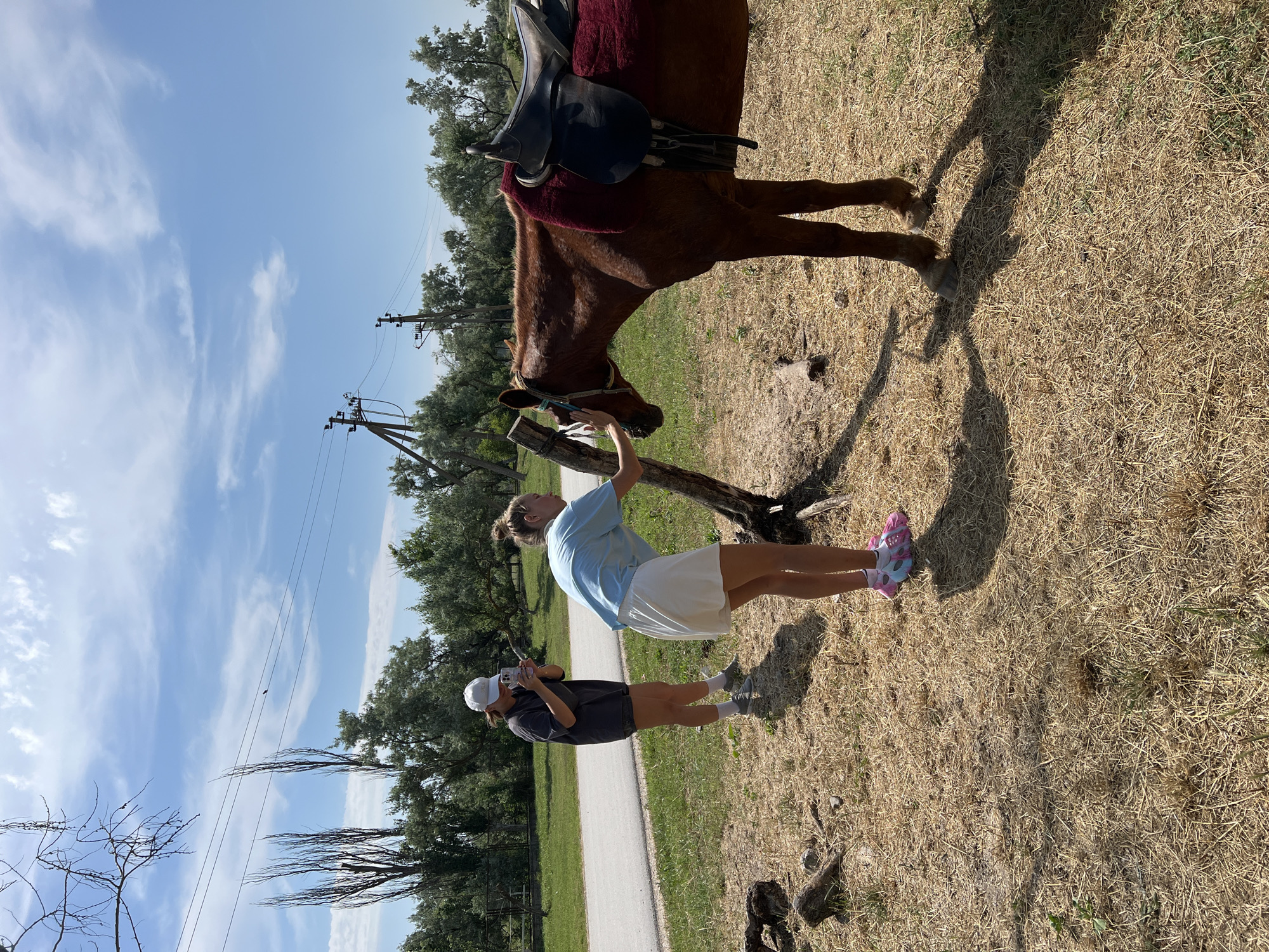 The image shows two young women interacting with a horse in a rural outdoor setting. One woman, wearing a light blue t-shirt and white shorts, is standing next to the horse and appears to be holding something near its head. The other woman, in a dark t-shirt and shorts and wearing a white cap, is standing behind her and holding a phone, possibly taking a picture.
The horse is a reddish-brown color and has a saddle with a dark blanket underneath. It is standing in dry, yellowish grass. In the background, there are trees and utility poles with wires, suggesting a somewhat undeveloped rural area. A paved path is visible to the left of the horse.
The sky is bright blue with some wispy white clouds, indicating a sunny day. The shadows cast by the subjects and the horse suggest it is daytime, likely late morning or early afternoon. The overall mood seems casual and relaxed, with the women enjoying time outdoors with the animal. The location context provided places this scene in Мысовское сельское поселение, Ukraine. There is no visible text in the image.