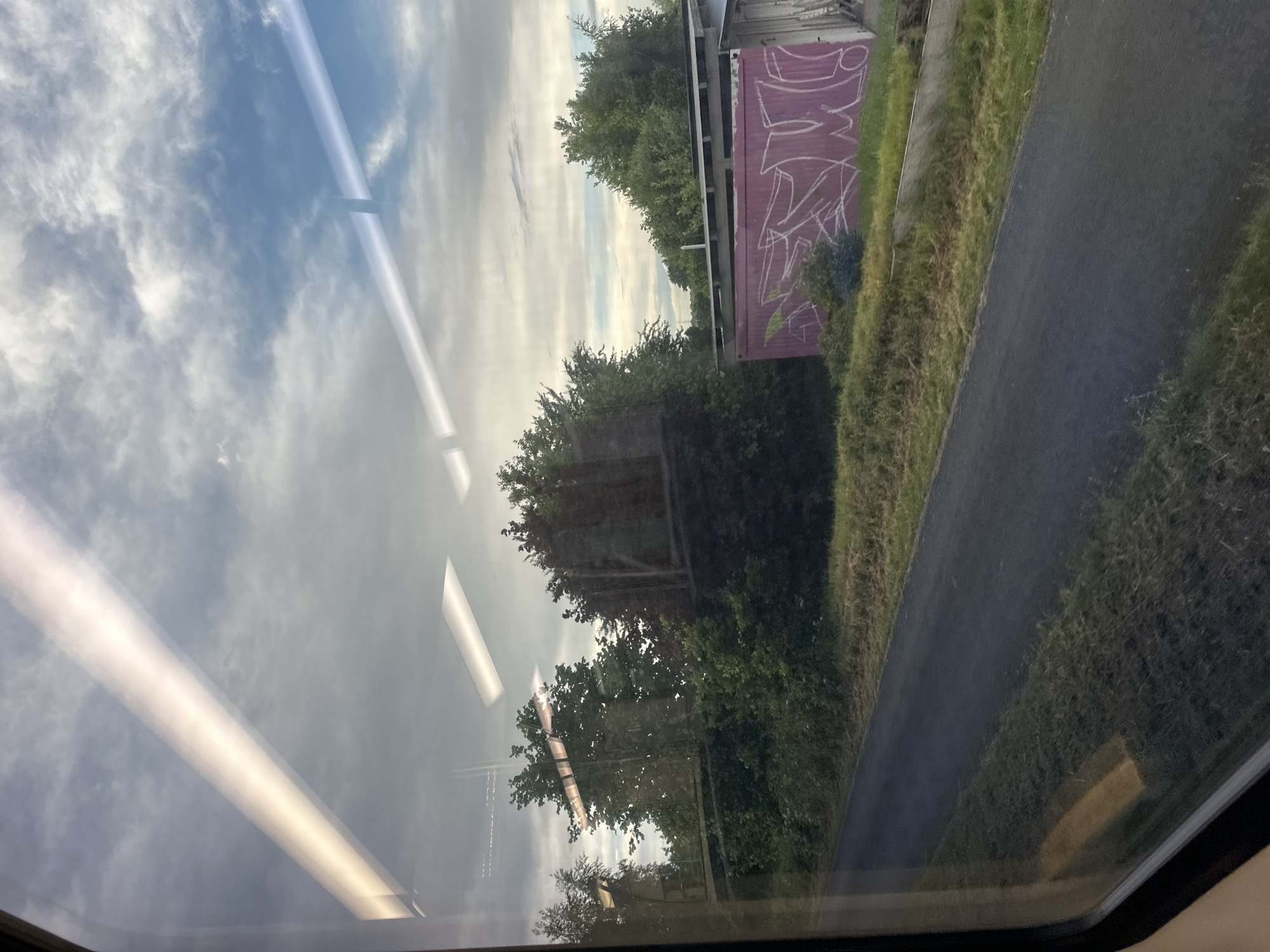 The image captures an outdoor scene viewed through a window, likely from a train or bus, with prominent reflections on the glass. The sky dominates the upper portion, displaying a light blue background with scattered, wispy white clouds, all strongly reflected on the window surface. Bright, elongated internal lights from the vehicle are also reflected, appearing as distinct horizontal streaks across the upper and middle sections of the view.
Outside the window, a dense line of green trees and bushes forms a lush barrier in the midground. To the right, partially visible through the foliage, is a maroon or reddish-purple metal container or shed. This structure is heavily adorned with white graffiti in a stylized, illegible script, characteristic of abstract tagging.
Below the vegetation, a dark grey or black paved path or road runs parallel to the observer's view, bordered by green and somewhat dry grass. The scene indicates daytime, likely late morning or afternoon, under partly cloudy skies. No people are visible. The setting, located in Buxtehude, Germany, suggests a roadside or railway line in a semi-rural or suburban area.