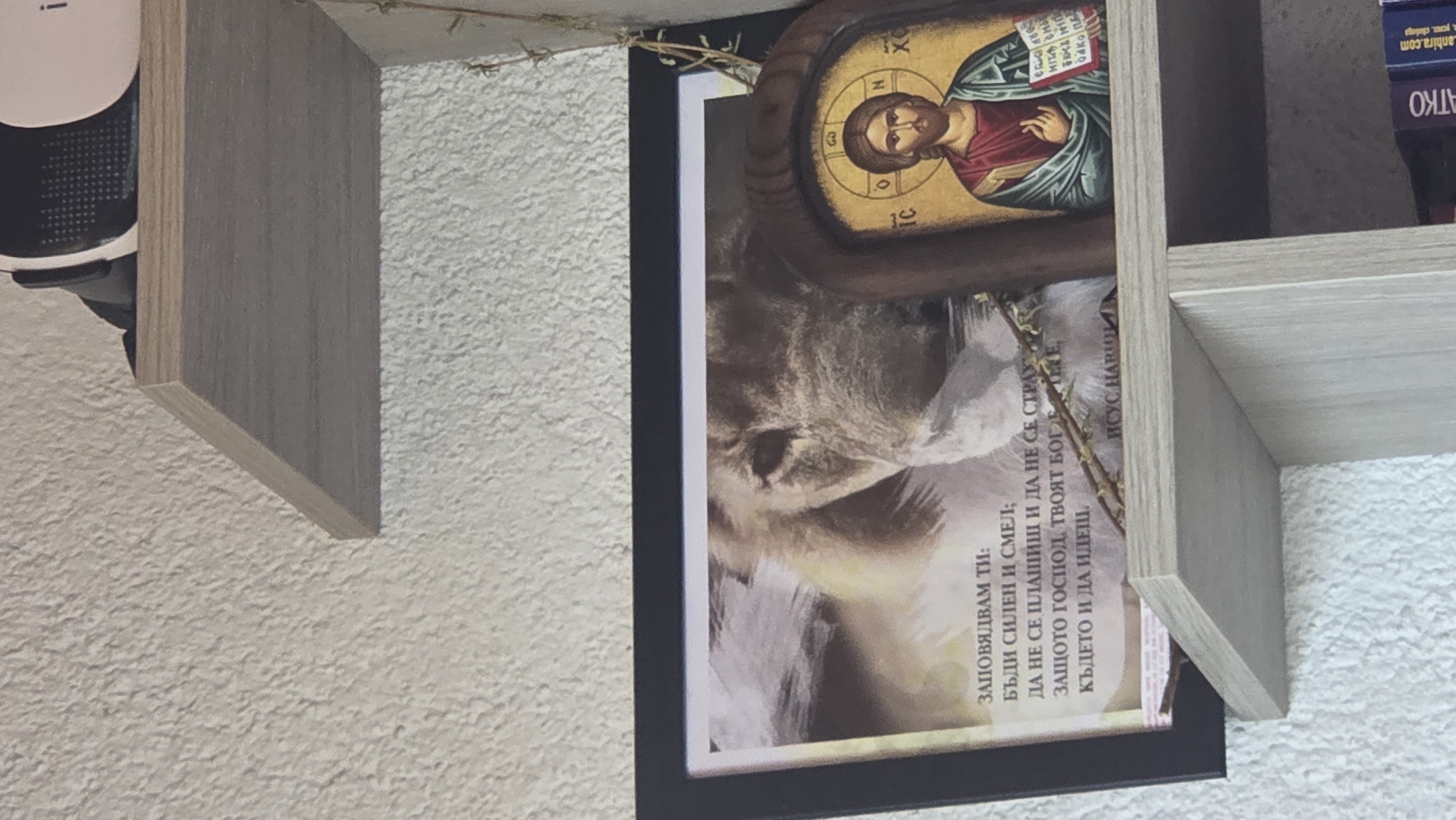 The image displays a close-up of a framed picture featuring a lion's face and an Eastern Orthodox icon of Jesus Christ. The framed picture is placed on a shelf in front of a textured, off-white wall. Below the framed picture, another shelf is visible, with books stacked on it. The icon, to the right of the lion picture, depicts Jesus with a halo, holding a book. The text in the framed picture appears to be in Cyrillic script. The overall scene is domestic, with no indication of a specific city or outdoor environment.