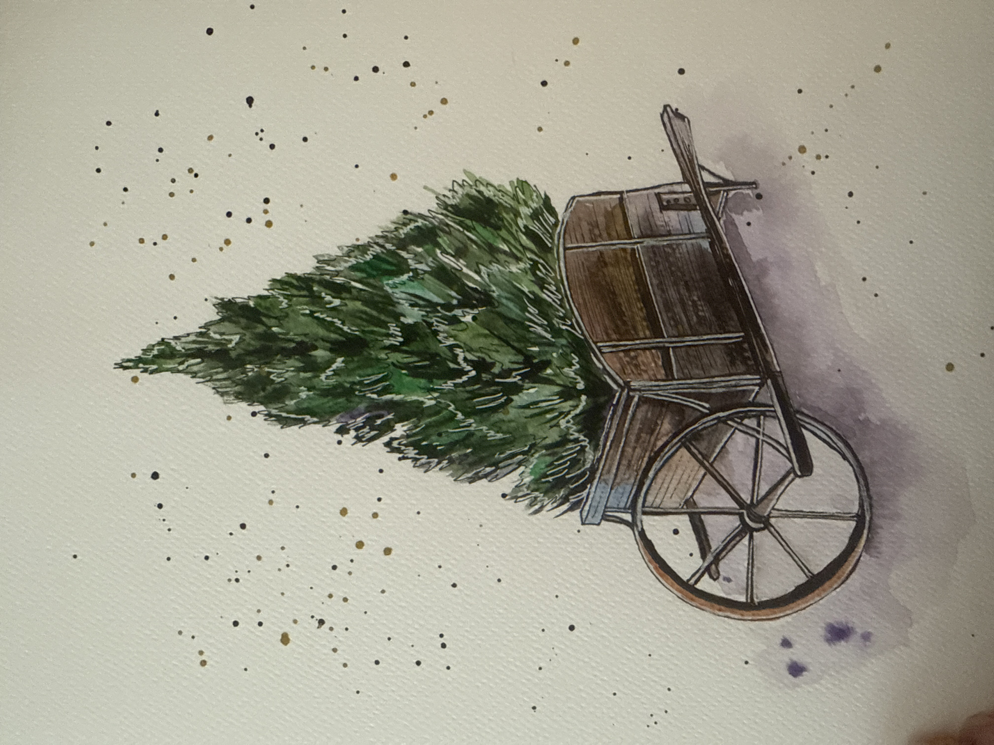 This is a watercolor painting of a rustic wooden wheelbarrow filled with a lush green evergreen tree. The wheelbarrow has a large spoked wheel and a plank extending from the front. The background is a light, textured surface speckled with dark and gold paint splatters, suggesting an outdoor or artistic setting. There are no people or animals present in the painting. The painting does not contain any discernible elements that would allow for its location to be identified as Wrocław, Poland.