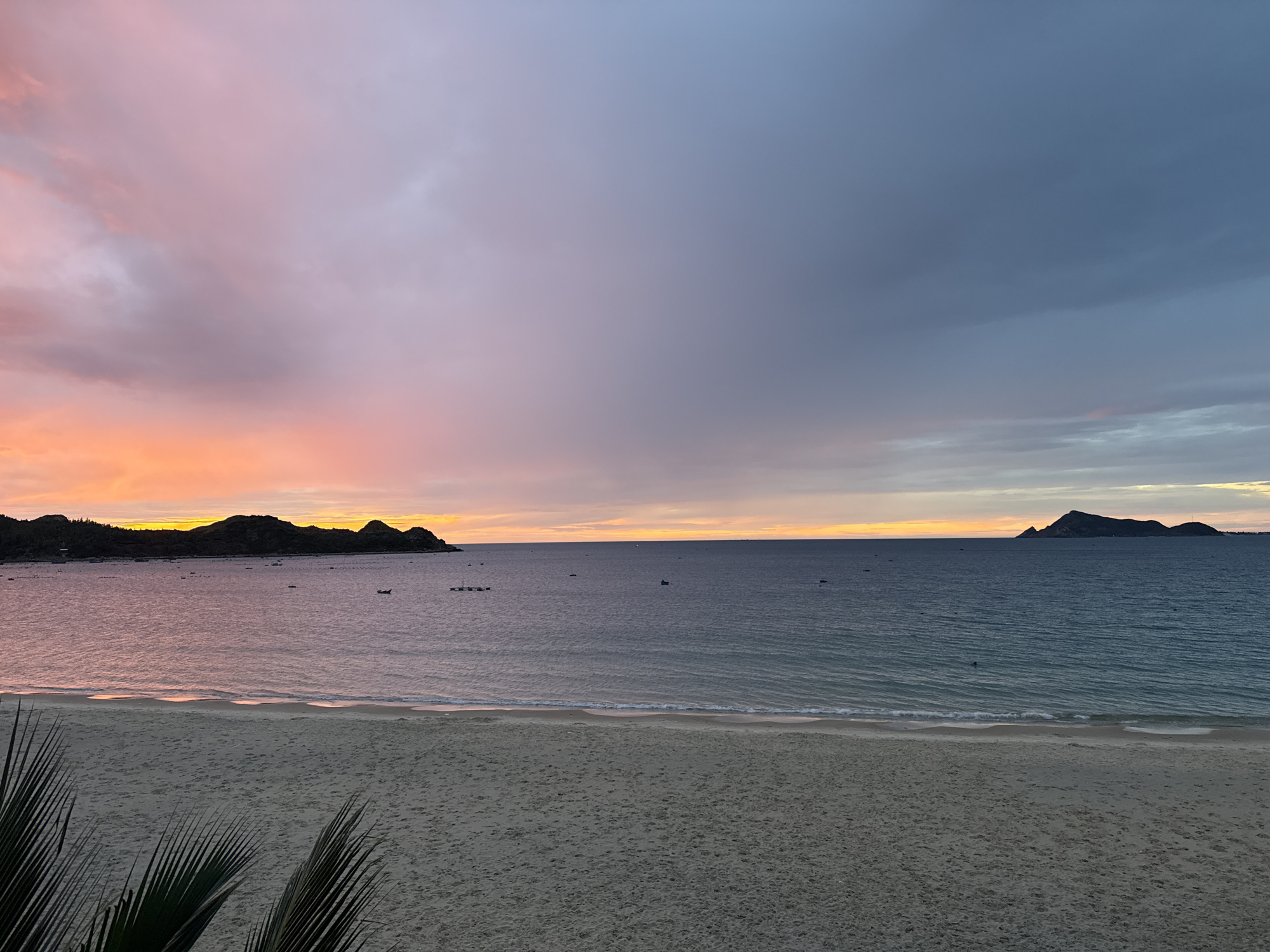 A wide shot captures a tranquil beach scene at dusk in Song Cau, Vietnam. The sky is a gradient of colors, transitioning from a soft pink and orange sunset near the horizon to a dusky purple and gray overhead. The calm ocean stretches out to meet the horizon, with gentle waves lapping at the sandy shore. A few small boats are visible on the water, and a distant island with a dark, mountainous silhouette sits on the right side of the frame. The foreground is dominated by a sandy beach, with the fronds of a palm tree extending into the lower left corner. The scene evokes a sense of peace and natural beauty.