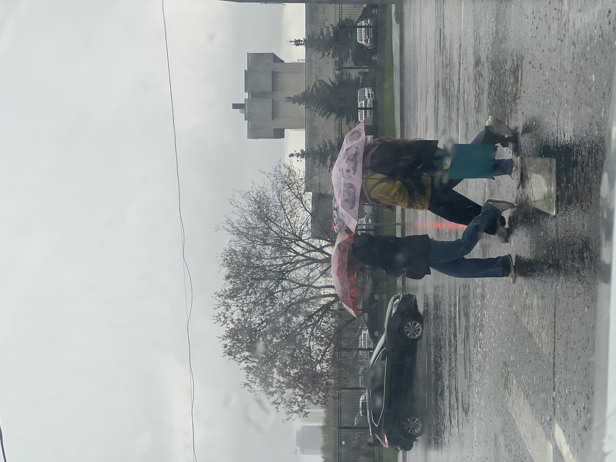 Two people are crossing the street on a rainy day in Moscow, Russia. One person is wearing a yellow jacket and carrying a pink umbrella, and the other person is wearing a dark jacket and carrying a red umbrella. A black car is parked on the side of the road. In the background, there is a tree and a building.