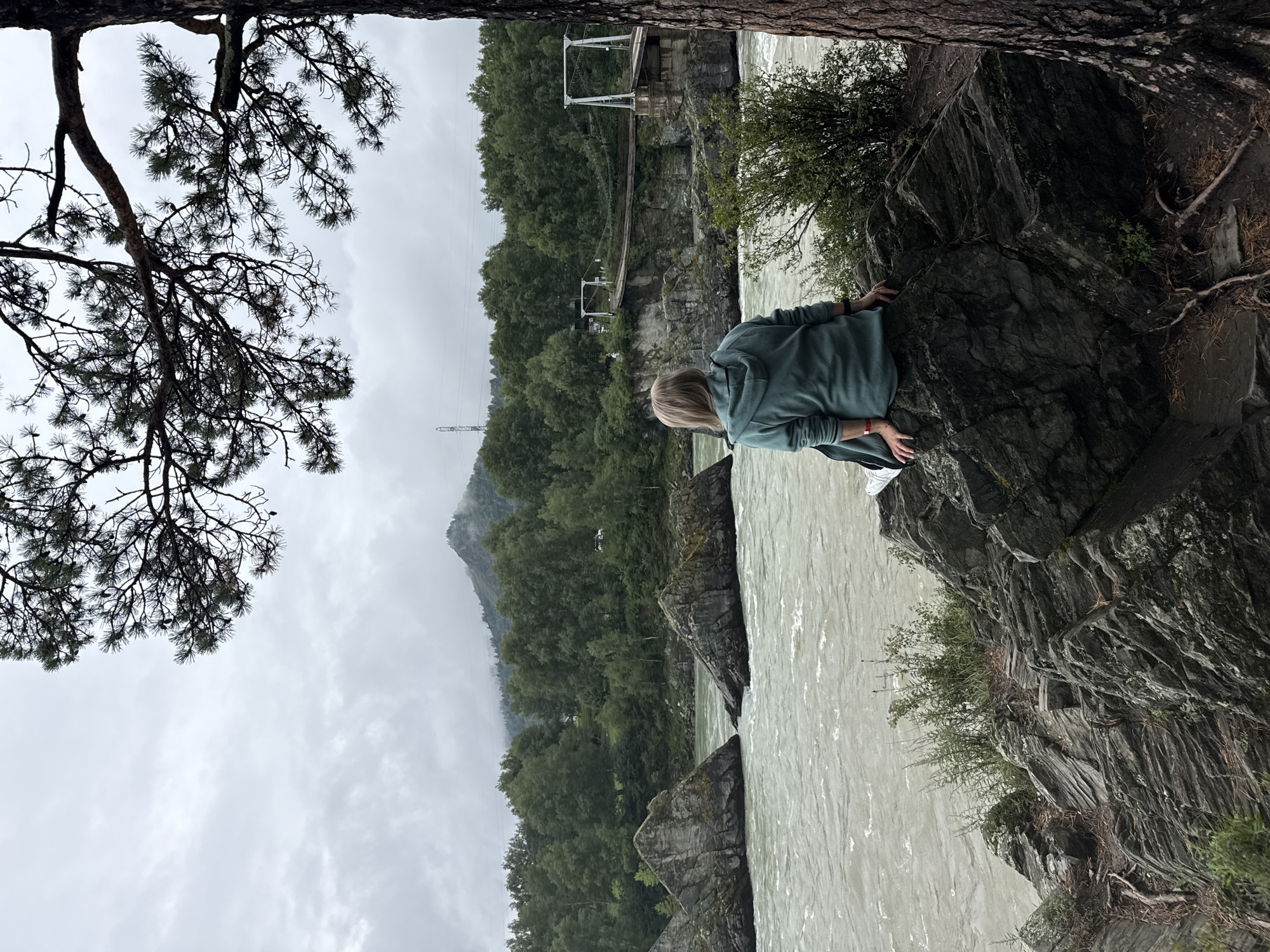A person sits on a rock overlooking a wide, fast-flowing river in Elekmonar, Russia. The person, viewed from behind, is wearing a teal hoodie and dark pants, with their blonde hair visible. They are positioned on a rocky outcrop covered in sparse vegetation. The river, characterized by its turbulent, greenish-brown water and whitecaps, flows between two large, dark rock formations protruding from the water. In the background, a dense forest of green trees covers the hillsides. A suspension bridge, showing signs of age and disrepair, crosses the river further upstream. The sky is overcast and grey. A large pine tree trunk is visible on the right side of the frame, partially obscuring the view.