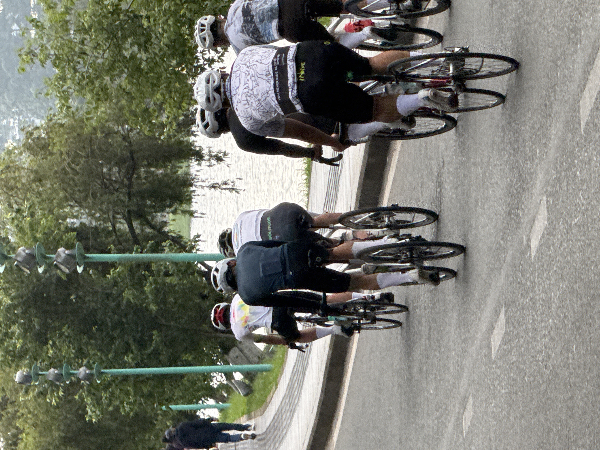 Six cyclists are depicted from a rear perspective, riding road bicycles in a staggered formation on a paved road in Da Lat, Vietnam. All cyclists wear helmets, cycling jerseys, shorts, and white socks. One cyclist's black jersey features "YOU NEVER RIDE ALONE" and "INBIKE" text on the back, while another's white and grey jersey displays "SOLITUDE". A paved sidewalk runs parallel to the road on the left, separated by a curb. A single pedestrian, dressed in dark attire, walks away on this sidewalk further in the background. To the right of the road, a tranquil body of water, consistent with Xuan Huong Lake, is visible, bordered by a dense line of lush green trees. Several tall, slender, teal-colored decorative poles or streetlights with multiple stacked grey fixtures punctuate the lakeside landscape. Hazy green hills and distant foliage form the backdrop. The scene is illuminated by soft, diffused daylight, indicative of an overcast sky.