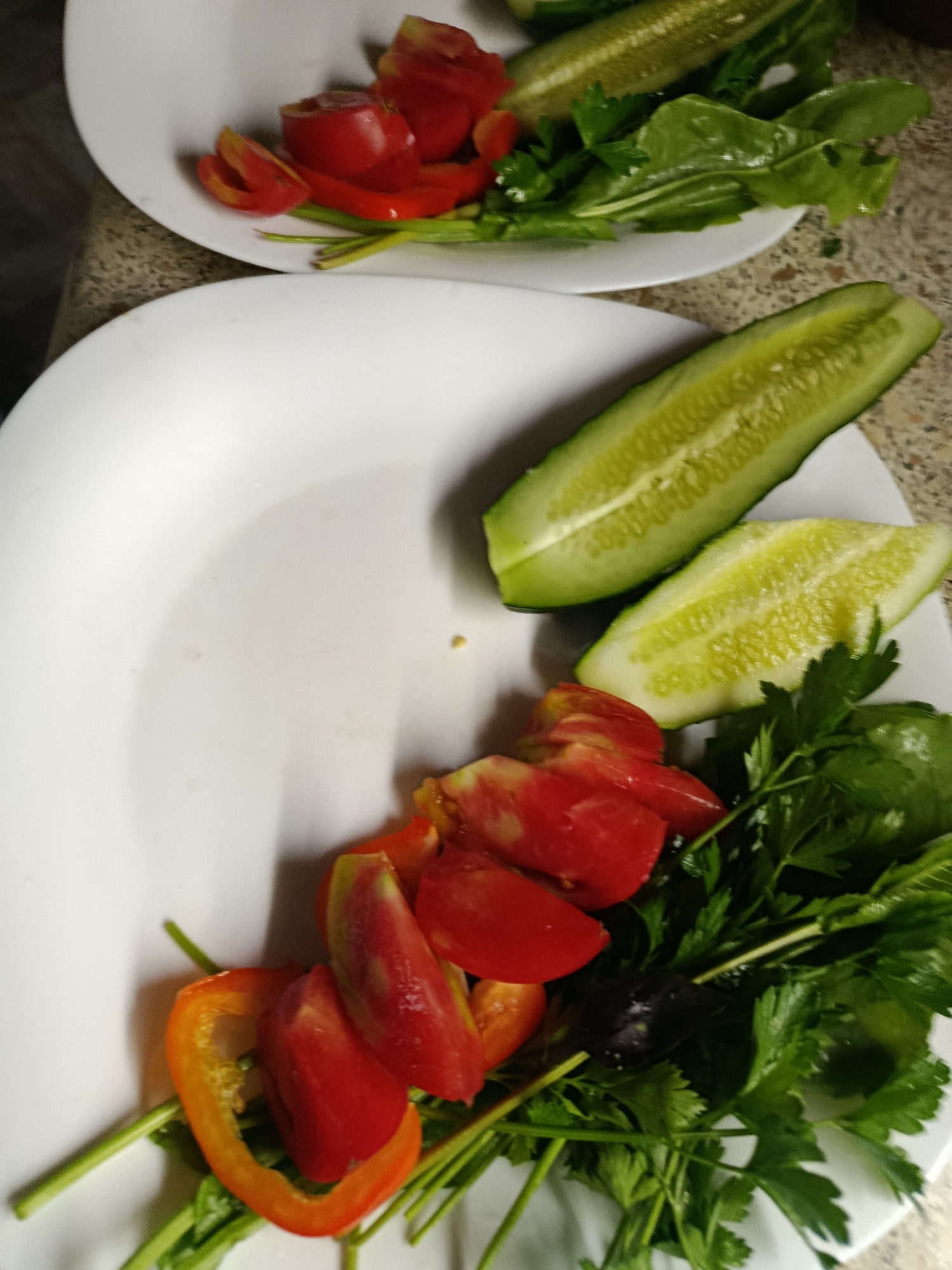 In the city of Verеya, Russia, on a granite countertop, two white plates are presented with freshly cut vegetables. The top plate contains sliced tomatoes, green leafy vegetables, and a whole cucumber. The bottom plate features sliced tomatoes, a ring of orange bell pepper, a bunch of fresh parsley, and two halves of a sliced cucumber. The overall scene depicts ingredients prepared for a meal.