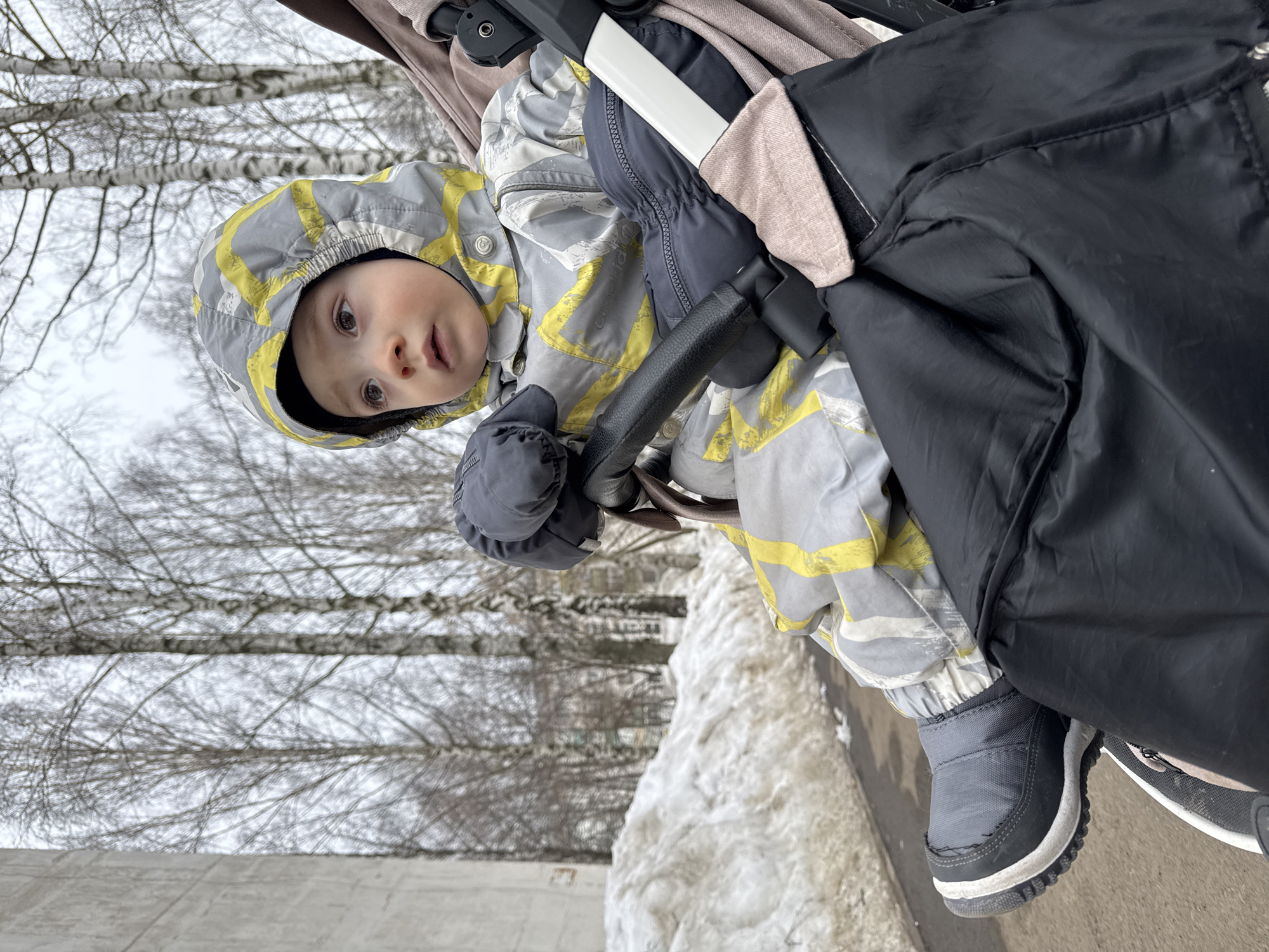 A young child, approximately 1-2 years old, is seated in a beige and black stroller on a paved surface in Izhevsk, Russia. The child is dressed in a grey and yellow patterned winter suit with an attached hood, a black undershirt or hat, grey mittens, and grey and white winter boots. Their hands are positioned on a black, textured bumper bar of the stroller. The child's gaze is directed upwards and to the viewer's right.
The environment indicates a cold climate, likely late winter or early spring. To the left, a light grey concrete building wall is partially visible. The background features numerous bare deciduous trees, primarily birches with their distinctive white bark, under an overcast sky. A substantial, elongated pile of dirty, melting snow runs along the right side of the paved path. Blurred structures consistent with urban buildings are discernible through the trees in the far distance.