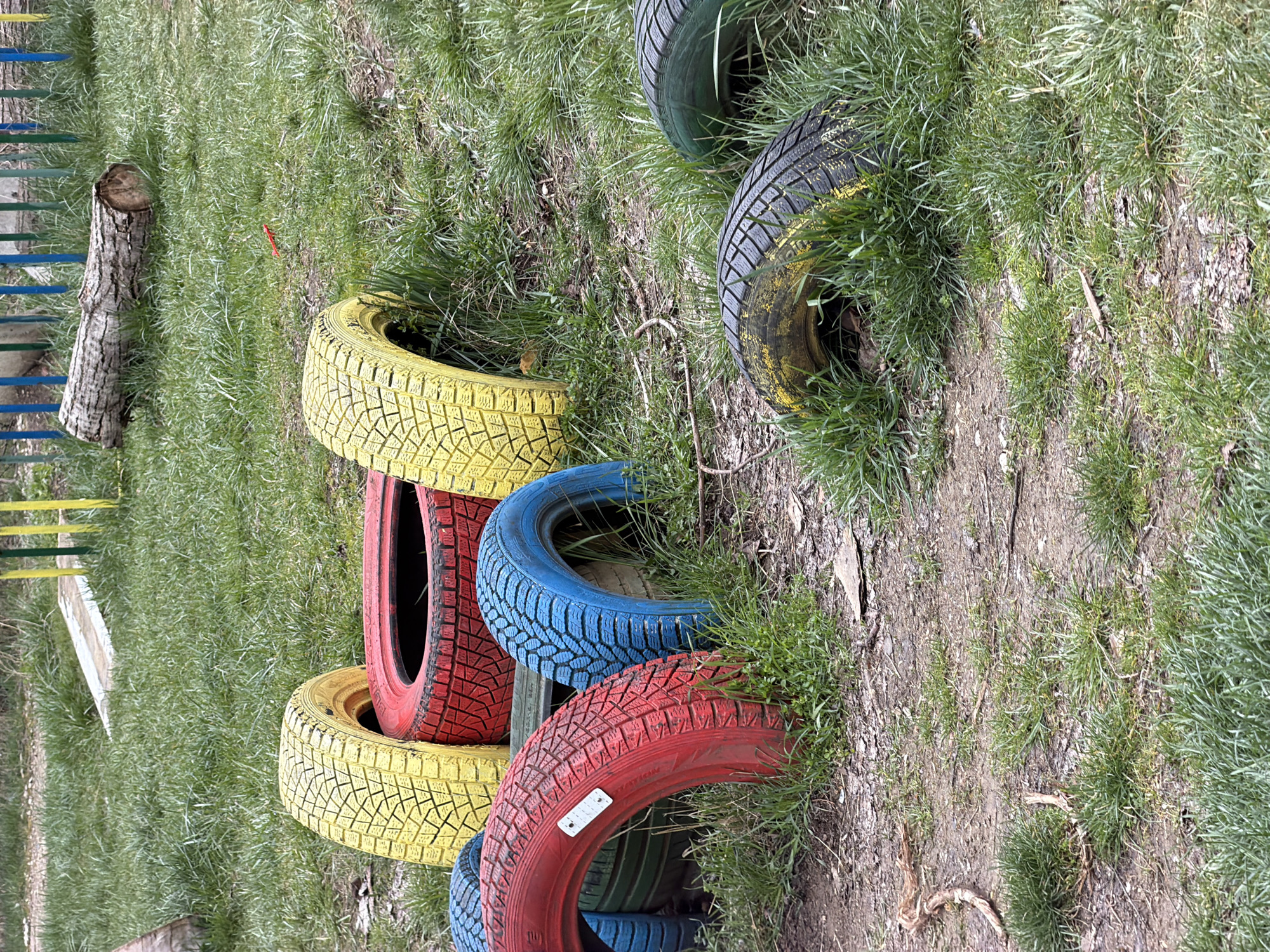 The image shows a grassy area with several tires stacked and partially buried in the ground. The tires are painted in bright colors, including yellow, red, and blue. Some tires are upright, while others are tilted or lying flat. The grass is green and appears to be well-maintained. A section of a log and wooden planks can be seen on the left side. The location is likely a park or play area in Sofia, Bulgaria, based on the presence of the tires and the manicured grass.
