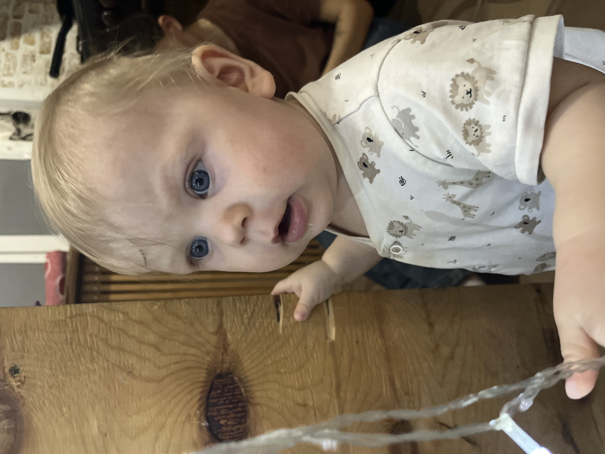 A baby with blonde hair and blue eyes, wearing a white shirt with animal patterns, is looking at the camera. The baby is leaning over a wooden surface with a visible knot. A string of lights is near the baby's hand. The location is unknown, and there is no confirmed association with Oryol-Izumrud, Russia. There is also another person in the background.