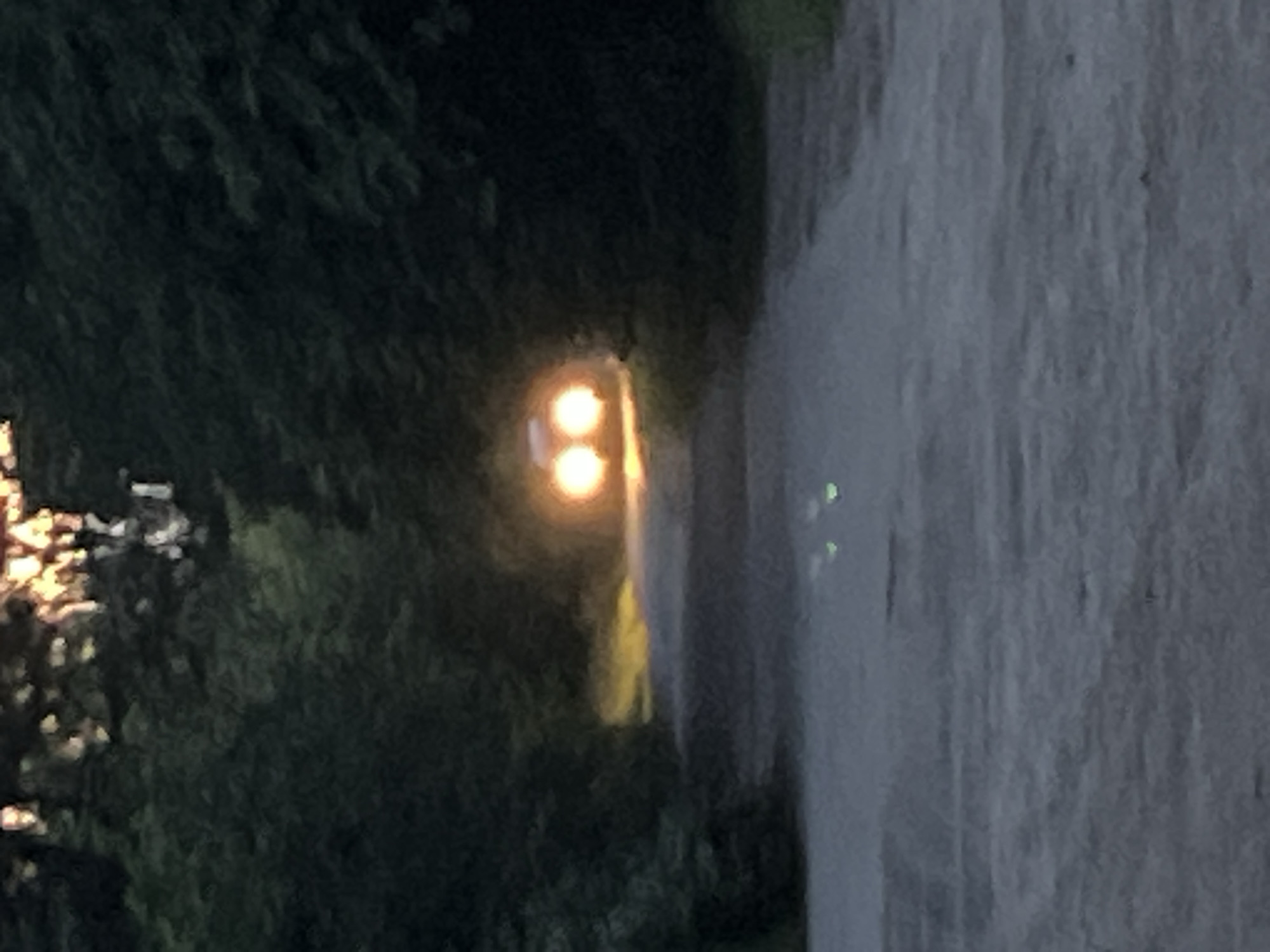 The image shows a two-lane asphalt road at dusk or night, flanked by dense trees on both sides. The road surface is wet, reflecting the surrounding environment and overhead light. In the distance, a car's headlights are illuminated, casting a bright yellow glow on the road and the trees. Two small green reflective markers are visible on the road closer to the foreground. The overall scene suggests a rural or suburban setting in a wooded area. The specific location of Ждановіцкі сельскі Савет, Belarus, is noted as the context of this image.