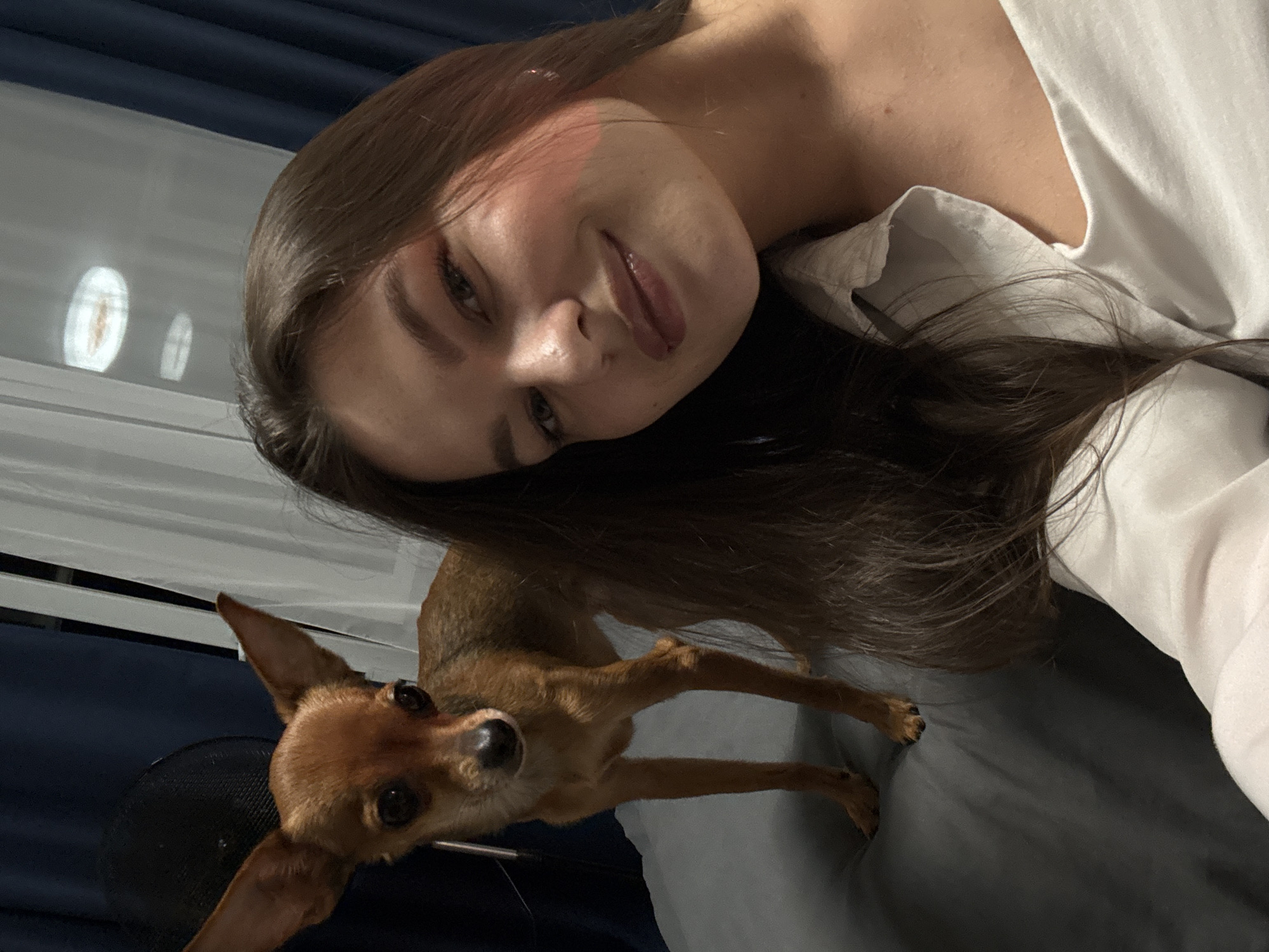 A young woman with long, dark hair and fair skin smiles at the camera, her face partially obscured by her hair. She is wearing a white collared shirt. Beside her, a small, tan dog with large ears stands on a gray surface, possibly a bed or couch. The background consists of dark blue curtains and a white sheer curtain, through which a light fixture is visible. The scene appears to be indoors. No specific location in Chaikovsky, Russia can be identified from the image alone.