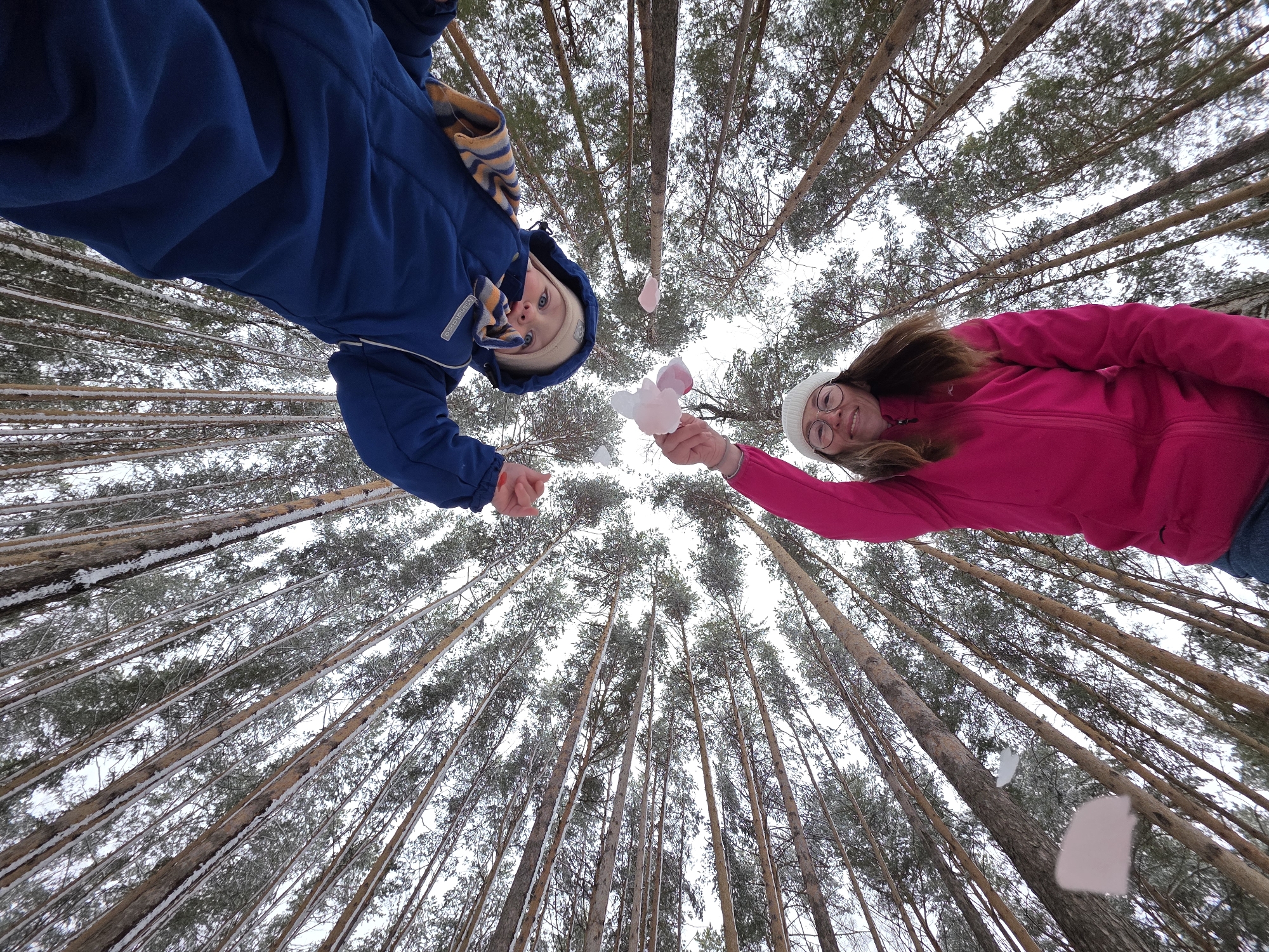 From a low-angle perspective in a snowy forest near Chaikovsky, Russia, a child in a blue snowsuit and a woman in a pink jacket are visible. The view is looking straight up at the sky through tall, thin pine trees, their trunks covered in snow. The child is on the left, looking down, and wearing a blue hooded snowsuit with a patterned scarf. The woman is on the right, wearing a white beanie and glasses, smiling, holding something white and pink in her outstretched hand. There appear to be pink and white objects falling from above or being released from their hands.