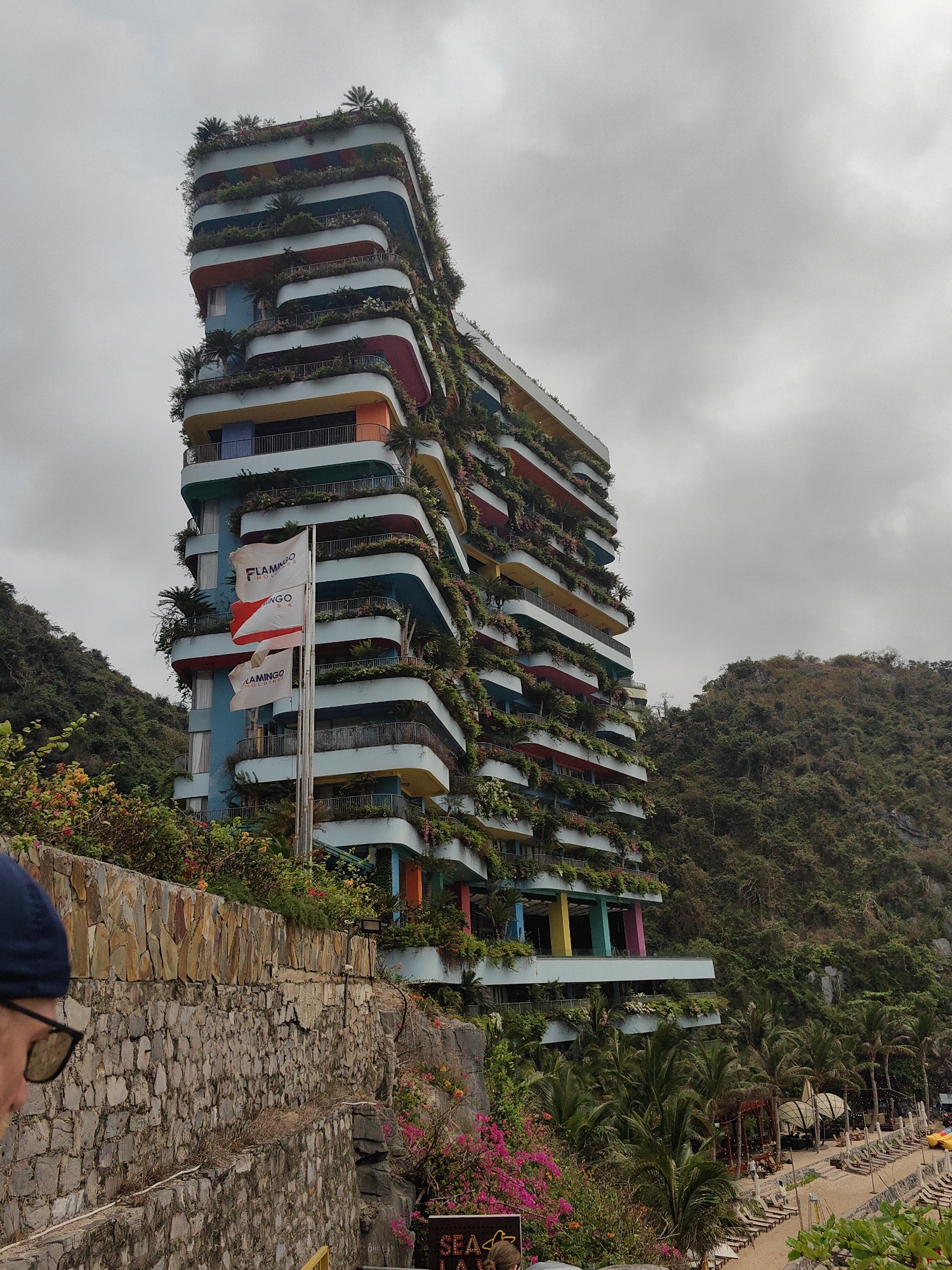 The image depicts the Flamingo Cat Ba Beach Resort, a high-rise hotel in Hải Phòng, Vietnam. The building is characterized by its terraced architecture, with each level adorned with vegetation, creating a "vertical garden" effect. The building's facade features vibrant colors. Several flags with the "Flamingo" logo are visible in front of the hotel. The hotel is situated amidst lush greenery and hilly terrain. A stone wall borders the foreground, with a glimpse of a beach and rows of lounge chairs visible in the lower right. A person's face can be seen in the lower left of the photo. The sky is overcast.