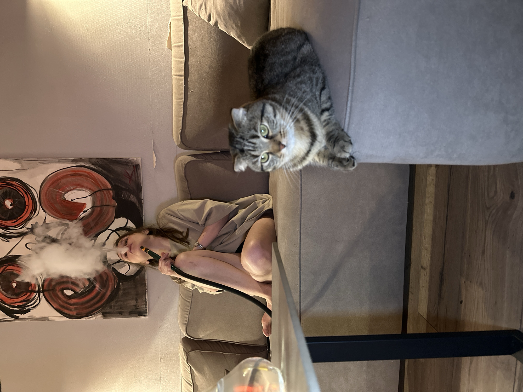 A woman is exhaling smoke from a hookah while lying on a brown couch. A tabby cat sits on the back of the couch, facing the camera. A painting with red and black circular shapes hangs on the wall. The location is likely Perm, Russia, based on the prompt request.
