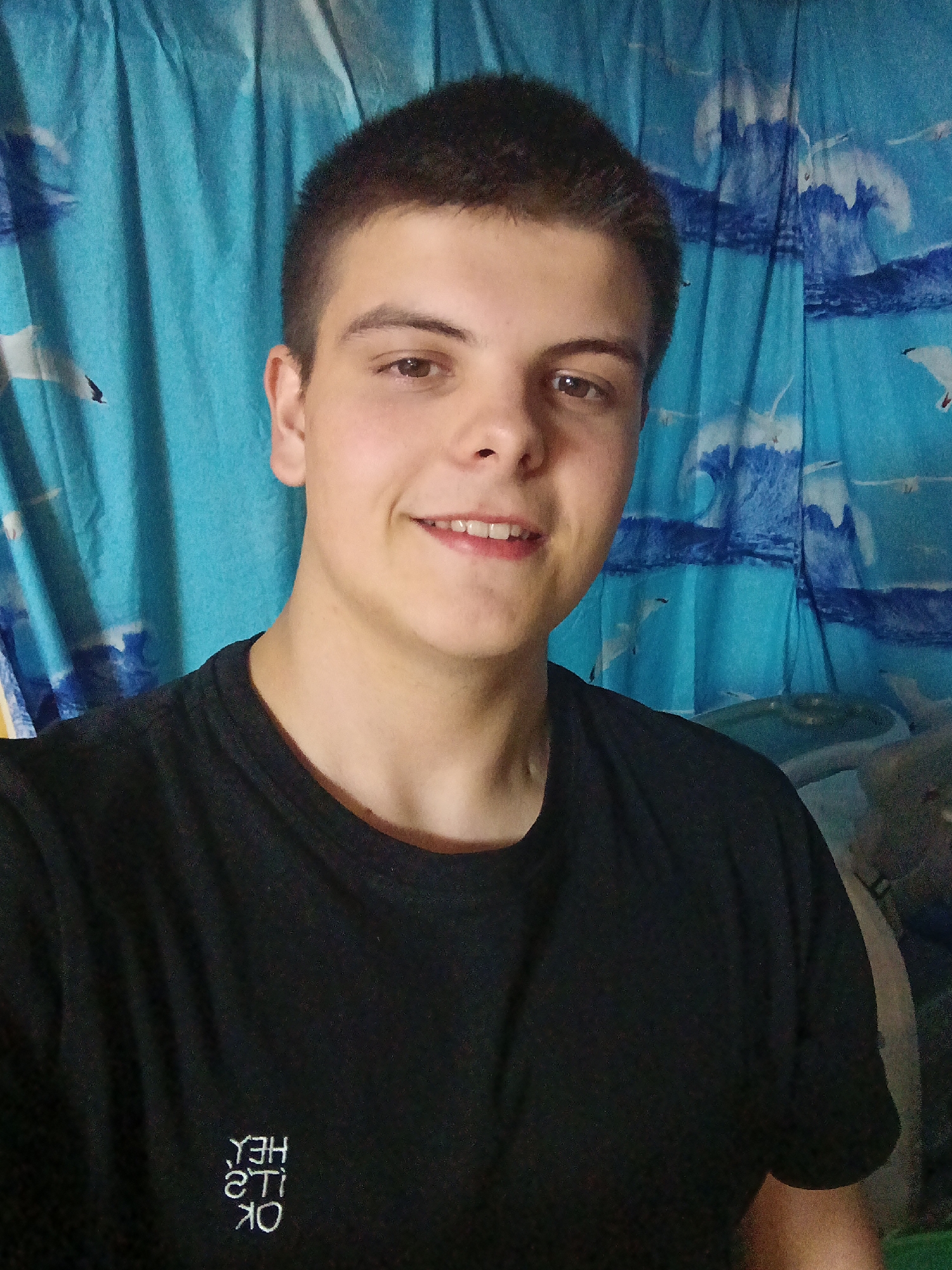 A young man with short, dark hair and light skin is smiling at the camera. He is wearing a black t-shirt with white embroidered text on the lower left side. The text reads "OK IT'S HEY." Behind him is a blue patterned curtain with white accents depicting waves and birds. The setting is likely indoors and appears to be in a casual environment, though the location in the city of Красный Маяк, Russia, is not discernable from the image.