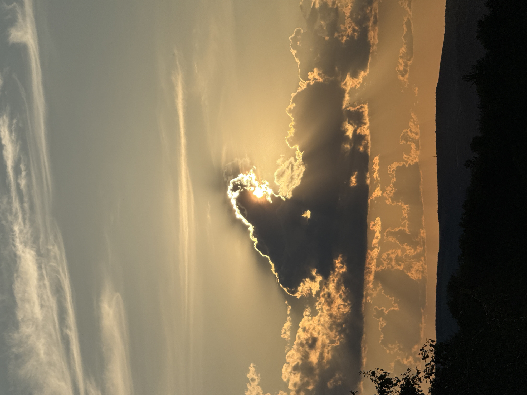 An outdoor, vertical, medium shot captures a dramatic sunset scene with the sun peeking through dark, illuminated clouds, casting visible rays of light. The sky is a gradient of warm oranges and pale blues, with thin, wispy clouds stretched across the upper portion. The sun is partially obscured by a large, dark cloud in the center of the frame, creating a radiant halo effect. Below the sky, a silhouetted landscape of rolling hills and dark trees forms the bottom third of the image. The foreground includes a dark silhouette of tree branches in the lower left corner. The scene appears to be a natural landscape, not within a city.