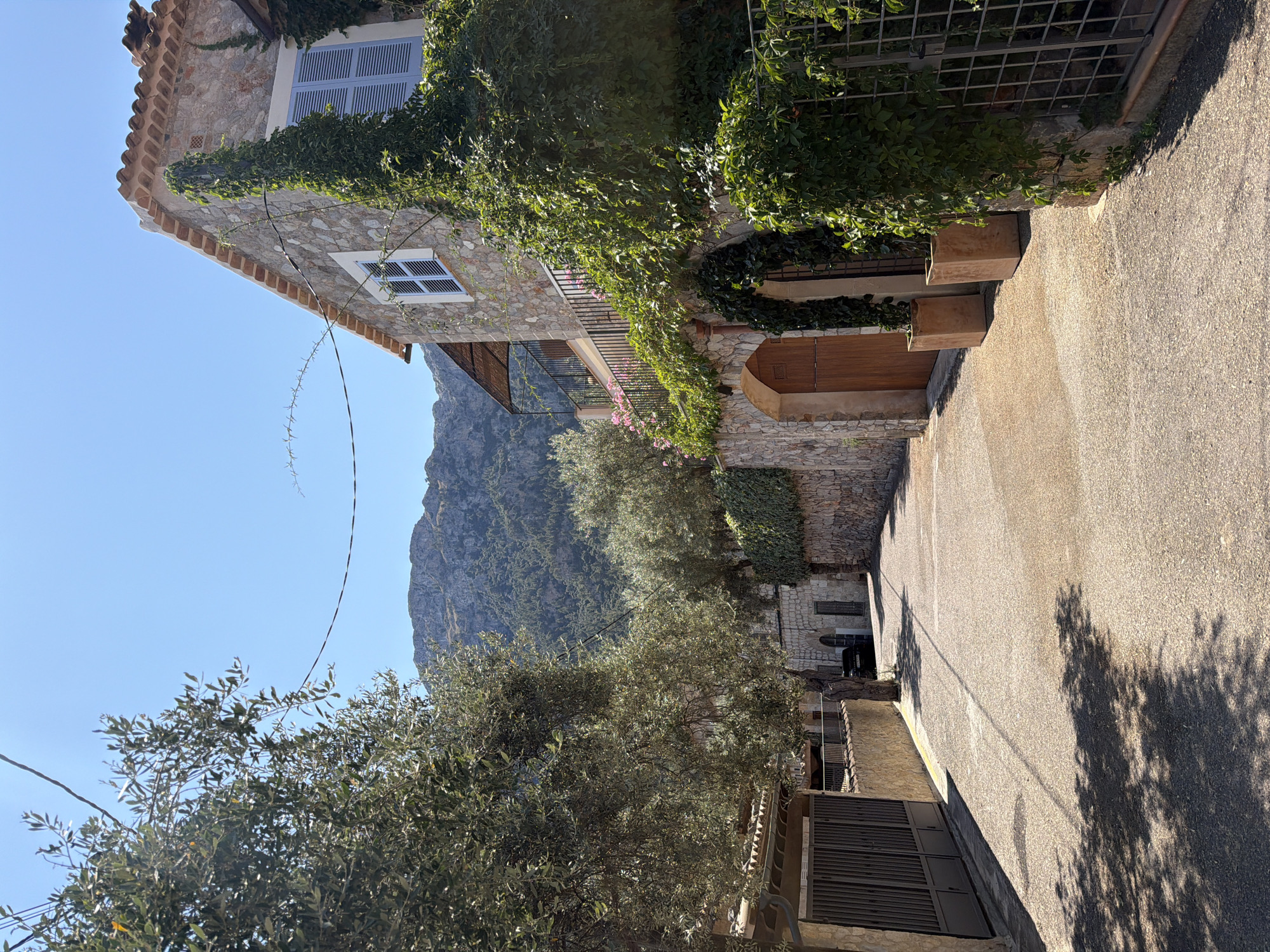 The image depicts a sun-drenched, narrow cobblestone street in Deià, Spain, bordered by stone buildings adorned with lush green ivy. On the right, a two-story stone house features a prominent balcony with a black metal railing, overlooking the street. The house has light blue shutters on its windows and a terracotta-tiled roof. Two large, square planters with a reddish-brown hue stand near an arched wooden doorway. To the left of the street, a large olive tree casts dappled shadows on the pavement. Further down the street, a dark-colored car is parked. In the background, a rugged, tree-covered mountain range rises under a clear blue sky. The overall scene conveys a peaceful, Mediterranean atmosphere.