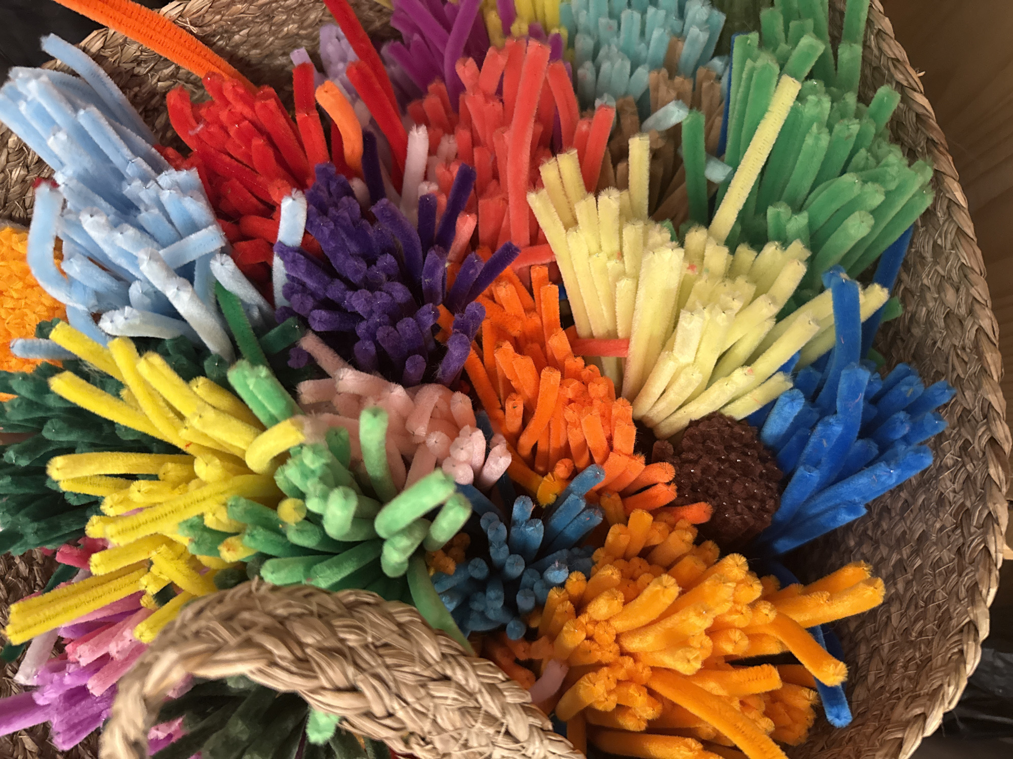 The image shows a close-up view of a basket filled with colorful pipe cleaners. The basket is made of woven straw, and the pipe cleaners are arranged in bunches of various colors including orange, red, purple, yellow, green, and blue. There is also a dark brown, textured object amongst the pipe cleaners. Part of the basket's braided handle is visible in the lower left corner. The location of this image is not identifiable based solely on the provided image. Without additional information, such as details about the setting or context, determining if the scene is in Troyan, Bulgaria is not possible.