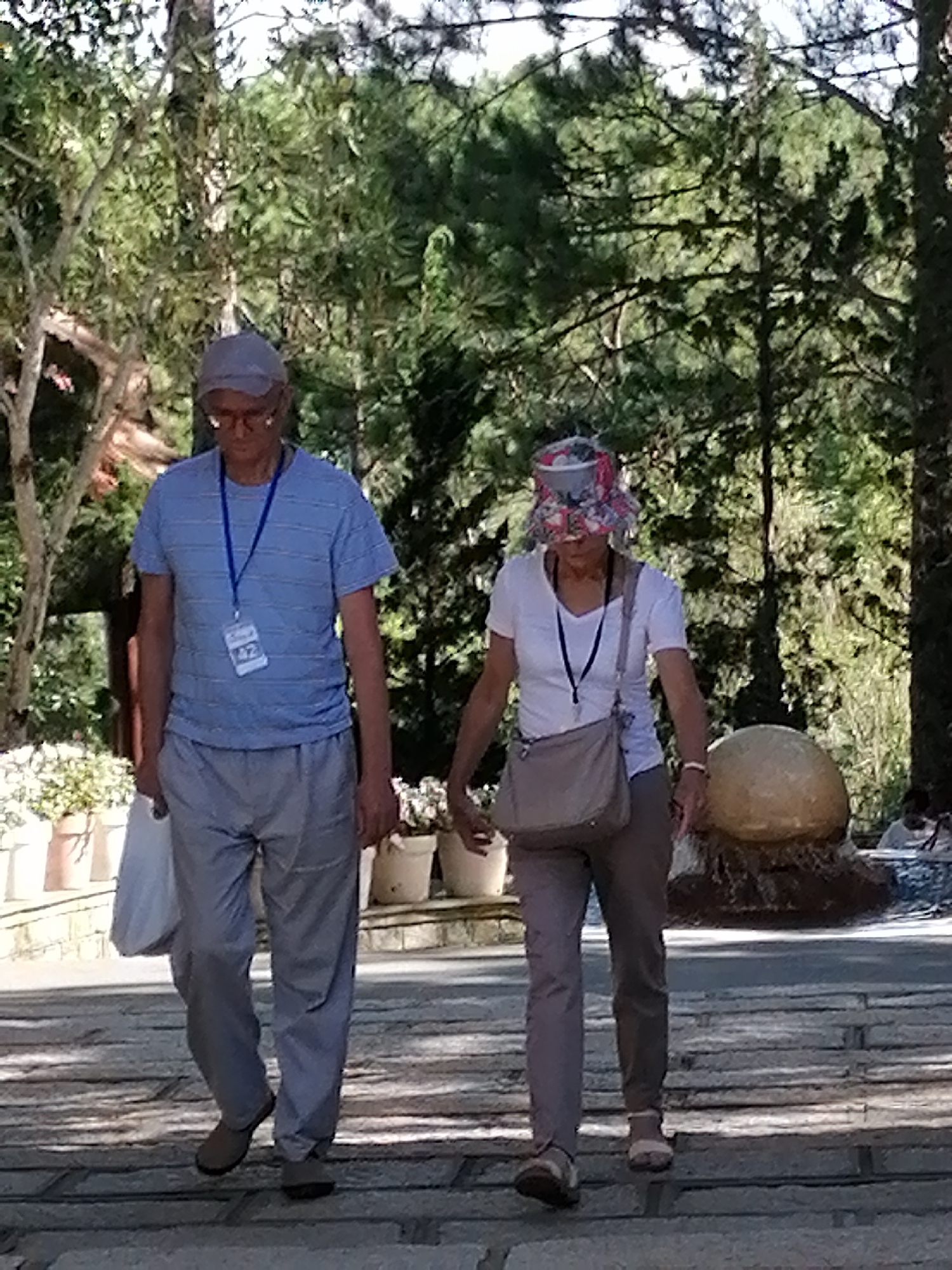 Two individuals, a man and a woman, are walking down a stone pathway lined with potted plants. The man, wearing a light blue striped t-shirt, grey cap, glasses, and light grey trousers, has a lanyard with an identification badge around his neck and carries a white bag. The woman, in a white t-shirt and patterned hat, has a beige crossbody bag and is also wearing light grey trousers. They appear to be in a park or garden setting with abundant green trees in the background. The path they are walking on is made of large, light-colored stone slabs. A large, spherical object, possibly a sculpture or natural formation, is visible to the right of the woman. The overall scene suggests an outdoor excursion in a leisurely environment, likely in a tourist area given the presence of what appears to be a visitor badge. The lighting indicates it is daytime. It is plausible this scene is located at the Truc Lam Zen Monastery, a well-known attraction in Da Lat, Vietnam, which features extensive gardens and pathways designed for contemplative walks.
