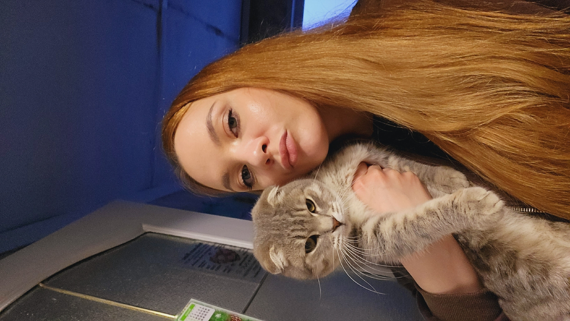 A woman with long, golden-brown hair is holding a grey tabby cat. The woman is looking directly at the camera with a slight pout. The cat is also looking at the camera. In the background, there is a dark blue wall and a window. Based on the geo information, the location is Зипуново, Russia.