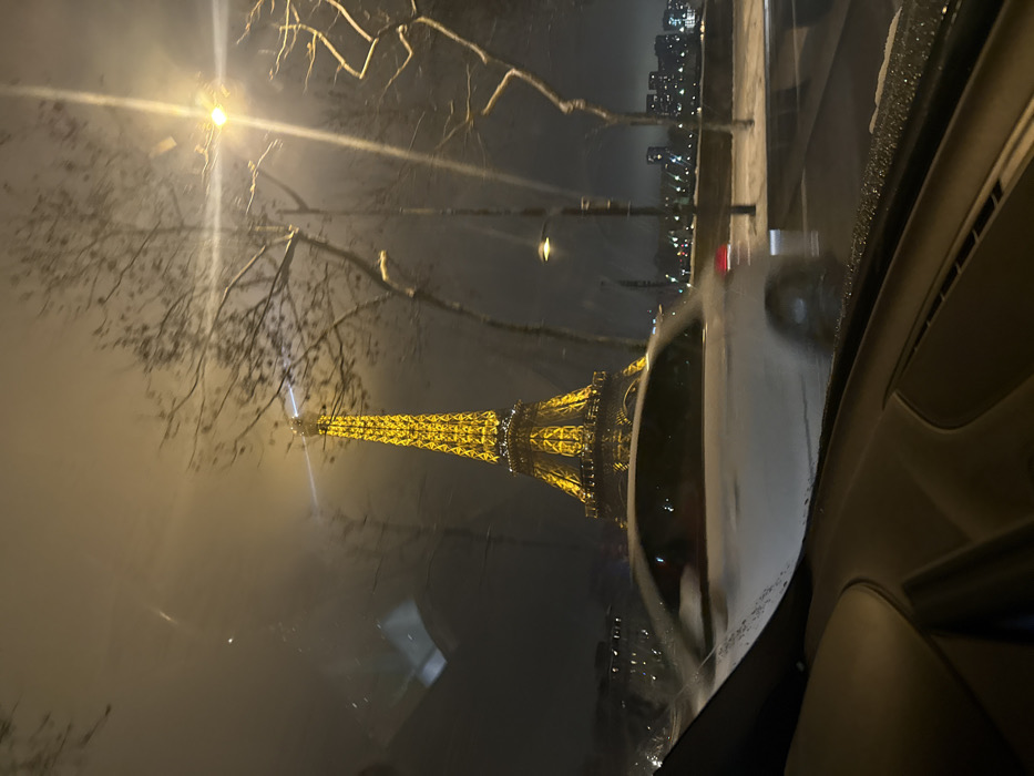 From inside a car, the Eiffel Tower is visible through the rain-streaked windshield at night. The tower is lit up, its golden glow contrasting with the dark, foggy atmosphere. Bare tree branches frame the scene. City lights blur in the background, indicating a dense urban environment. The car's interior is partially visible, showing the dashboard and side window. The overall mood is atmospheric and slightly obscured by the weather.