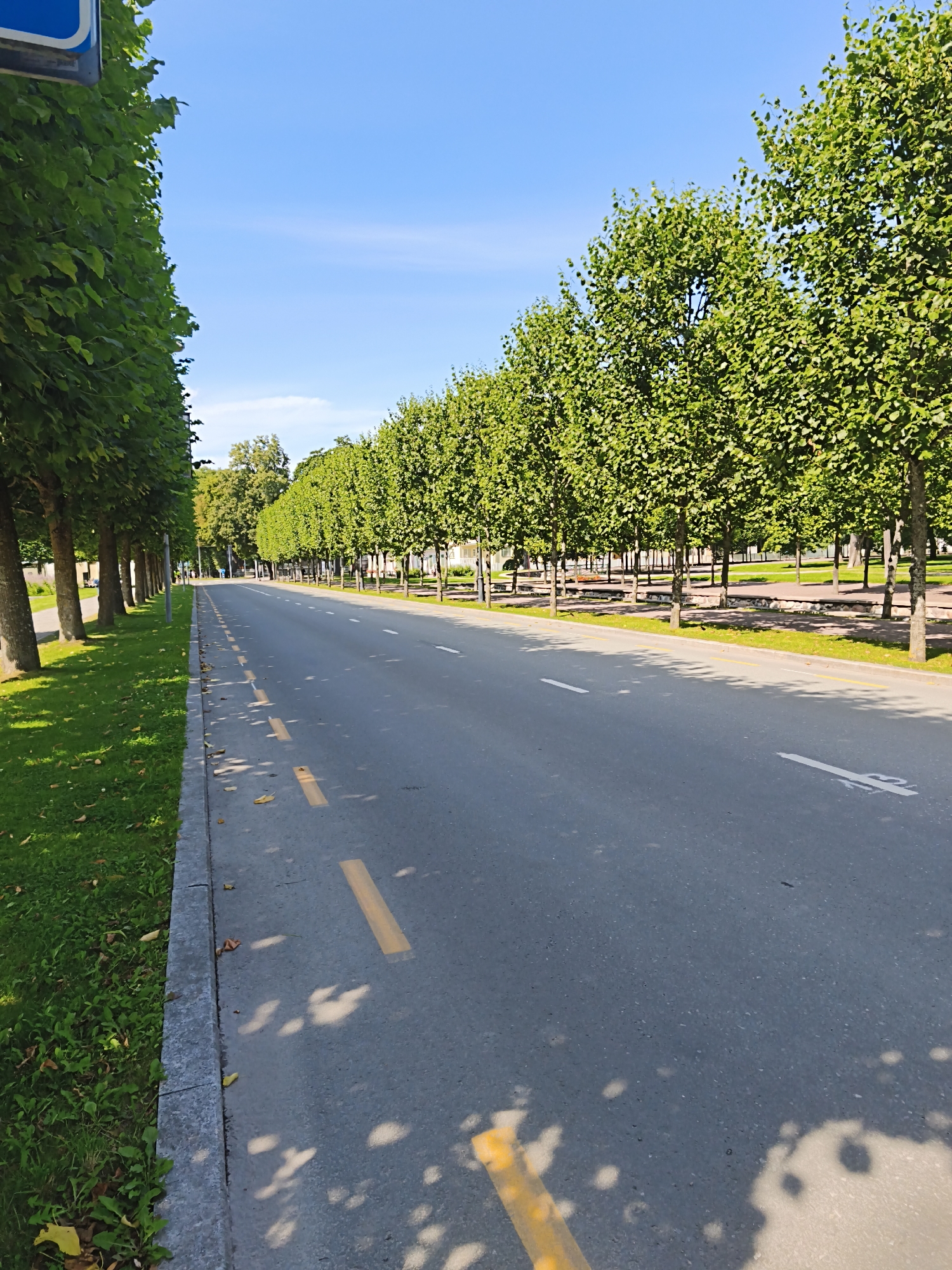 The image depicts a straight, paved road lined with trees on both sides. The road has distinct white and yellow markings indicating lanes and a bicycle path. The left side of the road features a grassy verge with scattered fallen leaves and a sidewalk. The right side of the road also has trees, with what appears to be a park area beyond them, featuring flower beds and more grass. The sky is clear blue with a few wispy clouds. The scene is bathed in sunlight, creating dappled shadows on the road surface from the trees. The presence of well-maintained roads, sidewalks, and manicured trees suggests an urban park or a boulevard within a city. Based on the architectural style visible in the background on the right side of the road, particularly the light-colored buildings with classical elements, and the overall European aesthetic of the boulevard, this location is likely in Tallinn, Estonia, potentially along a promenade or a major parkway. There are no people or vehicles visible in the image.