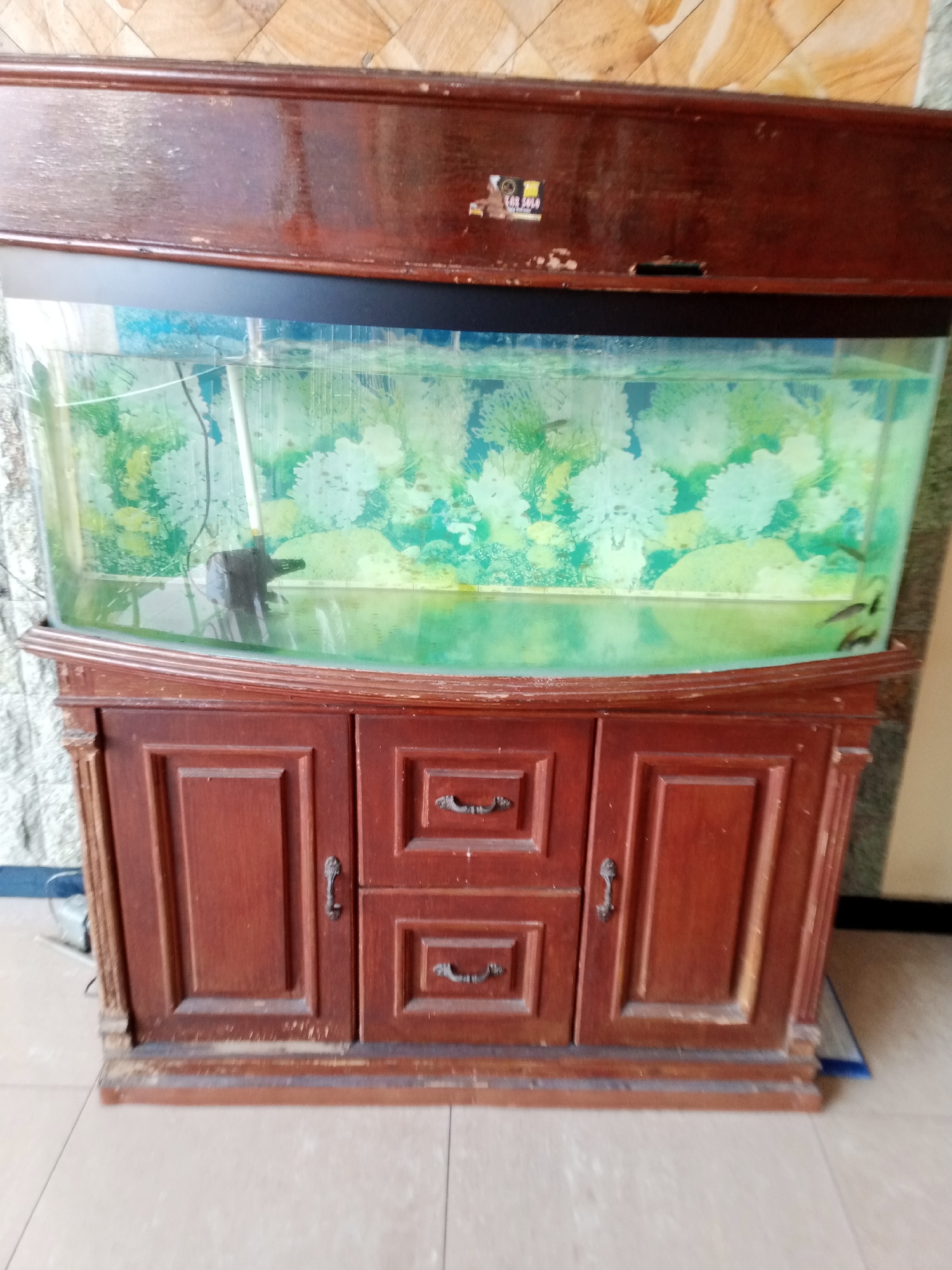 A wooden aquarium cabinet is centered in the frame. The cabinet is brown with a curved front to match the curved glass of the aquarium above. The cabinet has two doors on either side, and two drawers in the center. The aquarium is filled with water and has a background with green and white plant-like patterns. There is a black filter inside the aquarium, and some fish are visible. The cabinet and aquarium are located indoors, with tiled walls and flooring visible in the background and foreground. Based on the request context, the location is likely Ngrambe, Indonesia.