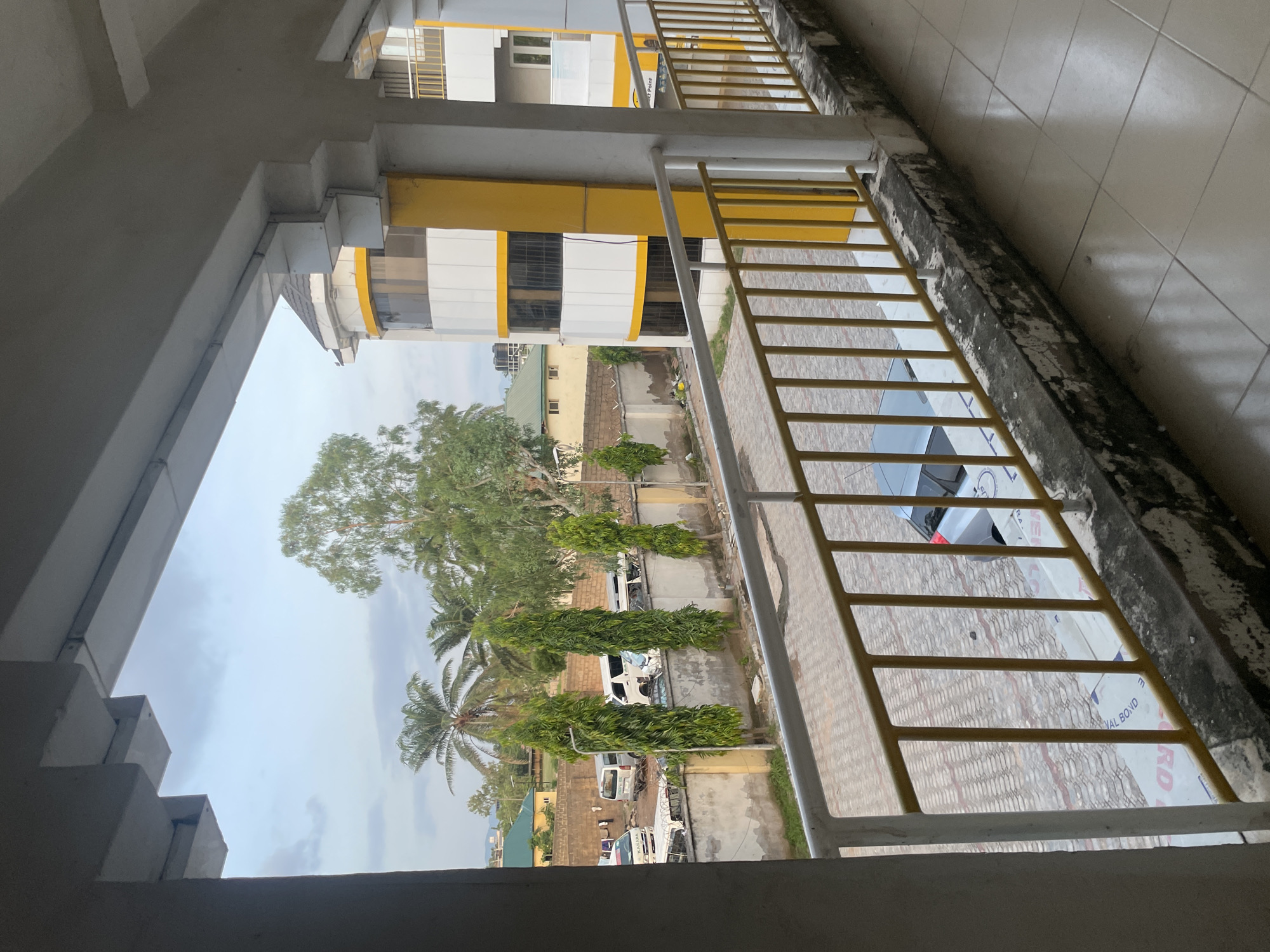 The image depicts a view from a balcony or walkway overlooking a street in Jalingo, Nigeria. In the foreground, a yellow and white railing runs along the edge of the walkway. Beyond the railing, a paved area is visible, with a light-colored car parked on it. Further in the background, a row of tall, slender trees stands along a concrete wall. Beyond the wall, several white vans are parked in an open lot. Behind the vans, a yellow and white building with a curved facade and visible windows is prominent. In the distance, palm trees and other vegetation are scattered across the landscape, with a green-roofed building visible to the left. The sky is overcast with light clouds.