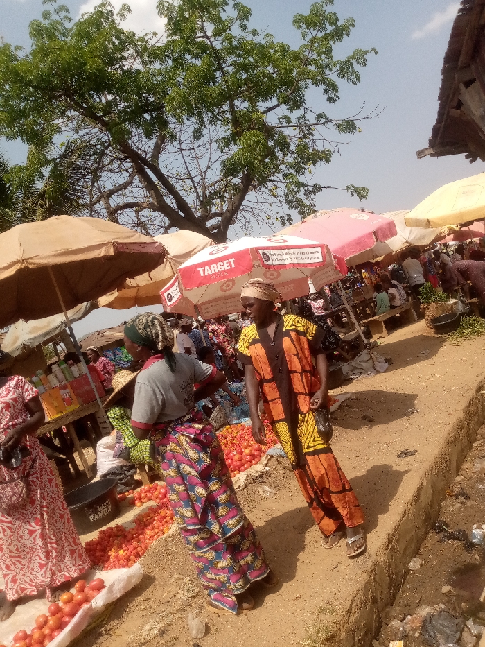 An outdoor market scene in Kpak, Nigeria, under a bright sky. The foreground features three women. On the left, a woman in a red and white patterned dress stands near a display of red tomatoes. In the center, a woman viewed from behind wears a grey t-shirt, a multi-colored patterned wrapper, and a headscarf, with her left hand on her hip, positioned next to large piles of red tomatoes on the dirt ground. To the right, a woman in an orange, black, and yellow patterned long tunic walks on a raised dirt path, wearing sandals and carrying a small dark bag. Numerous market stalls are visible in the midground and background, many covered by various market umbrellas, including a prominent white and red "TARGET" branded umbrella. Other umbrellas are beige and pinkish. A large tree with green foliage dominates the upper part of the image, silhouetted against the clear sky. The ground is dry, light brown earth, and some litter, including black plastic, is visible in the lower right. People are dispersed throughout the background, engaged in market activities.
