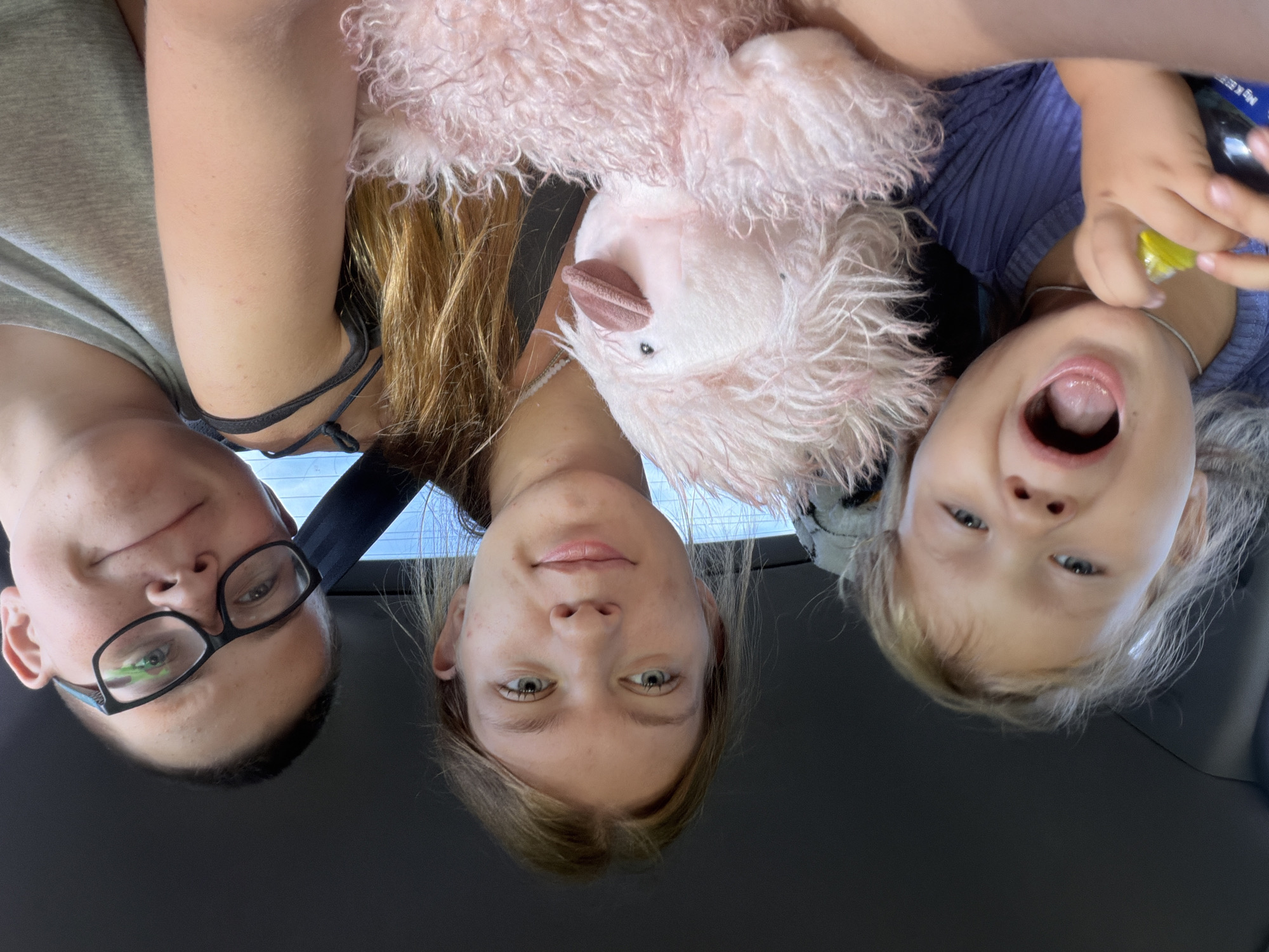 Three individuals, likely two children and one teenager, are in a vehicle, possibly on a trip. The person on the left, a young child with blonde hair, has their mouth wide open, appearing excited or surprised. They are holding a small yellow object and wearing a purple top. In the center, a teenager with long blonde hair gazes forward. They are wearing a necklace and a dark top. To the right, a person wearing glasses and a grey t-shirt smiles at the camera. A pink fluffy stuffed animal is held between the two children. The interior of the vehicle is dark, with a seatbelt visible behind the teenager. The background suggests they are traveling, with a hint of a blue sky through a window. There is no discernible information to place this scene in the city of Новое Маврино, Russia.