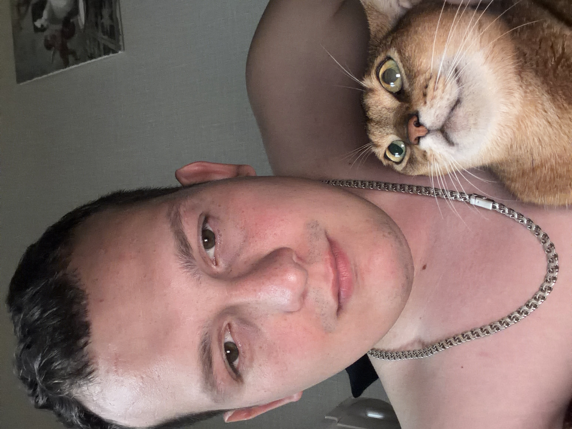 A close-up, selfie-style photograph shows a young Caucasian man with short, dark hair, fair skin with some redness on his cheeks, and brown eyes. He is shirtless and wearing a thick, silver chain necklace. He is looking at the camera with a neutral expression. To his right, a ginger cat with large, green eyes and wide pupils is peeking out from behind his shoulder. The cat is looking upwards with an exaggerated expression of surprise or alarm. The background is a plain, light-colored wall with a framed picture hanging on it, which appears to be a painting of cats. The lighting is soft and appears to be coming from the left side of the frame. There is no indication of the specific location within the city of Chaikovsky, Russia, as the background is generic and does not contain any recognizable landmarks.