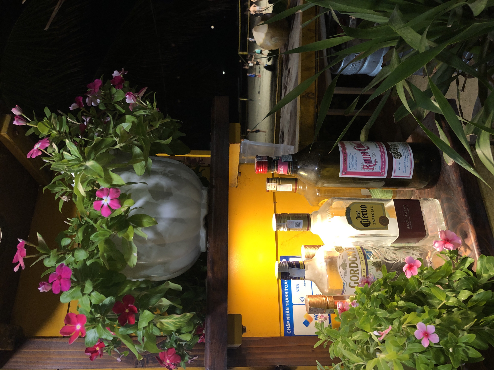 The image depicts an outdoor bar setting at night, likely in Đà Nẵng, Vietnam, with a beach and people playing volleyball visible in the background. In the foreground, there is a shelf with several bottles of alcohol, including Gordon's Dry Gin and Jose Cuervo Especial. A potted plant with pink flowers is also present on the shelf. The lighting is dim, with a warm yellow light emanating from behind the shelf, illuminating the bottles and the lower portion of the plants. The overall scene suggests a relaxed, tropical evening atmosphere.