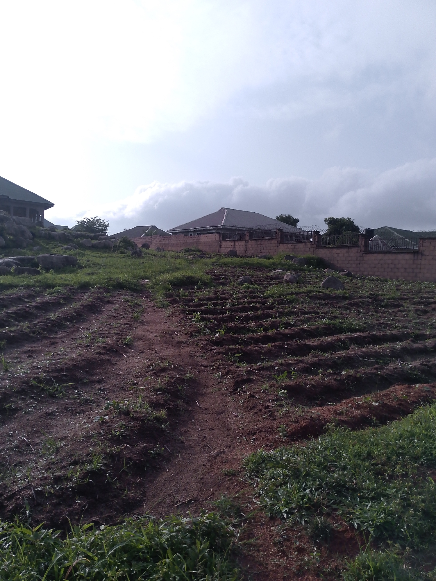 An outdoor, low-angle, wide shot captures a rural or suburban landscape under an overcast sky. In the foreground, a cultivated field with rows of dark soil and sparse green vegetation stretches towards the viewer. A dirt path winds through the field, leading uphill.
In the middle ground, the terrain rises, covered with rocks and patches of green grass. A building with a dark green roof and a partially visible facade, appearing to be made of concrete or stone, sits on the left side of the hill. Further up the hill, a long brick wall with a metal fence on top encloses a property. Behind the wall, the roofs of several buildings are visible, some with dark green roofing.
The background is dominated by a vast, cloudy sky. The scene appears to be in a developing area, with evidence of both natural landscape and human construction. There are no people visible in the image.