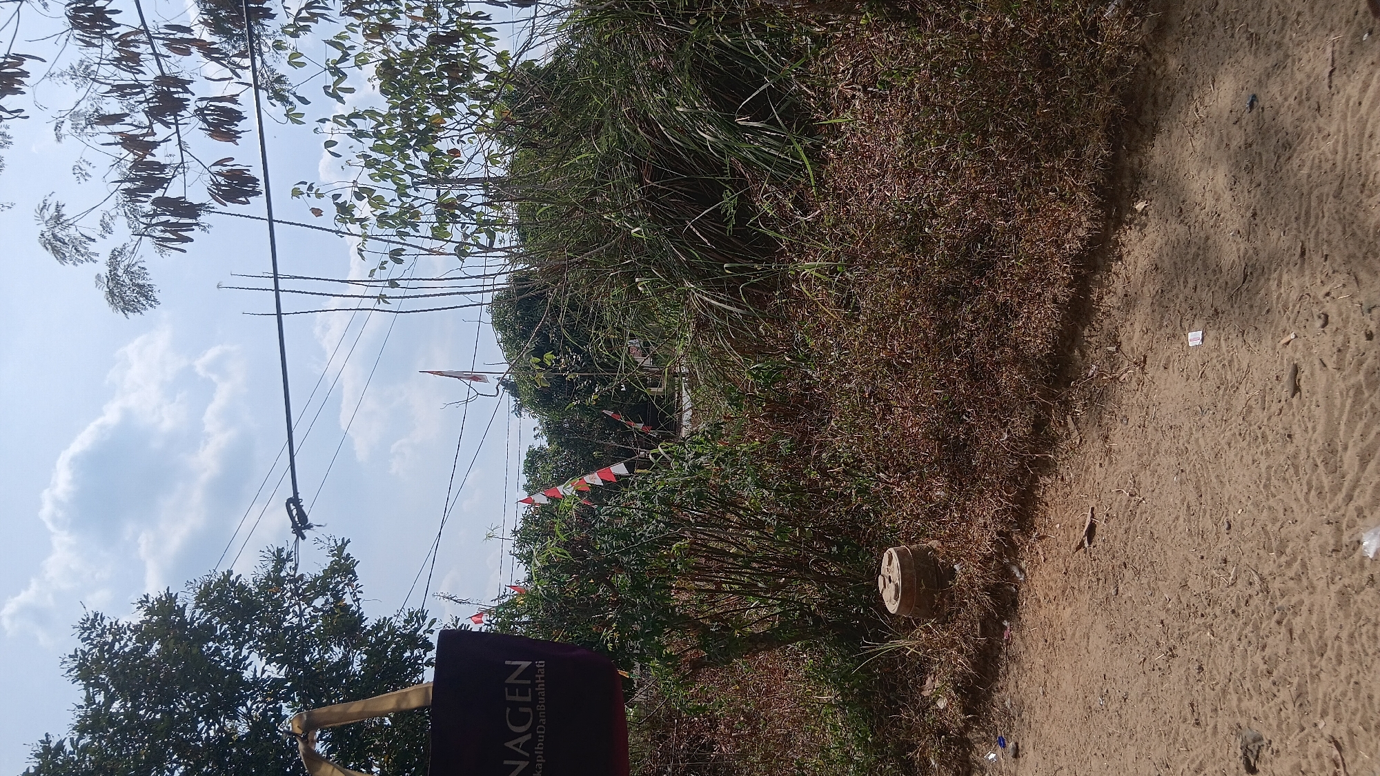 The image depicts an outdoor scene in Prabumulih, Indonesia, likely on a sunny day with a partly cloudy sky. In the foreground, a dirt path shows some scattered debris, including plastic wrappers. To the left, a portion of a dark-colored bag with gold lettering and handles is visible. Beyond the path, there is an area of dry, brown vegetation. In the middle ground, several Indonesian flags, which are red and white, are displayed on poles amidst green foliage and tall, thin bamboo-like stalks. To the right, dense green grass and other plants form a thick barrier. Power lines stretch across the upper portion of the image, supported by poles. In the background, trees and a building are discernible. The overall impression is of a somewhat unkempt outdoor area in a tropical or subtropical environment, possibly on the outskirts of a town or in a rural setting within Prabumulih.