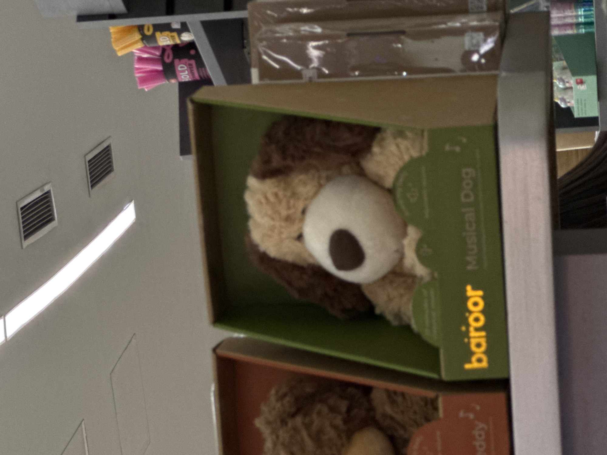 The image depicts an indoor retail environment, likely an aisle within a store such as a toy store, department store, or supermarket in Yerevan, Armenia. The scene is illuminated by artificial lighting from overhead fluorescent strip lights.
The primary focus is on two stuffed animal toys displayed in open cardboard boxes on a shelf. The top box contains a brown and cream-colored stuffed dog with a prominent white snout and a small brown nose. The interior of this box is olive green, and yellow text on the side clearly labels the product as a "Musical Dog" from the brand "baroor".
Immediately below, a second, partially visible cardboard box holds another fluffy, light brown stuffed animal, possibly a teddy bear or another dog. The interior of this lower box appears reddish-brown, and fragmented text, possibly "teddy" or "meddy," accompanied by a music note icon, is discernible on its side, suggesting it is also a musical toy.
In the upper left background, an upper shelf holds several bundles of colorful items, likely hair ties or similar accessories. One prominent bundle is pink with the partially visible text "OLD" (potentially part of "HOLD") on its packaging, while another yellow bundle is visible further to the left. Other indistinct packaged goods are stacked on shelves in the upper right.
The ceiling, visible in the background, is light grey and features several rectangular air vents and bright strip lights, characteristic of a commercial interior. No people are present in the image, and the scene is static, showcasing products for sale.