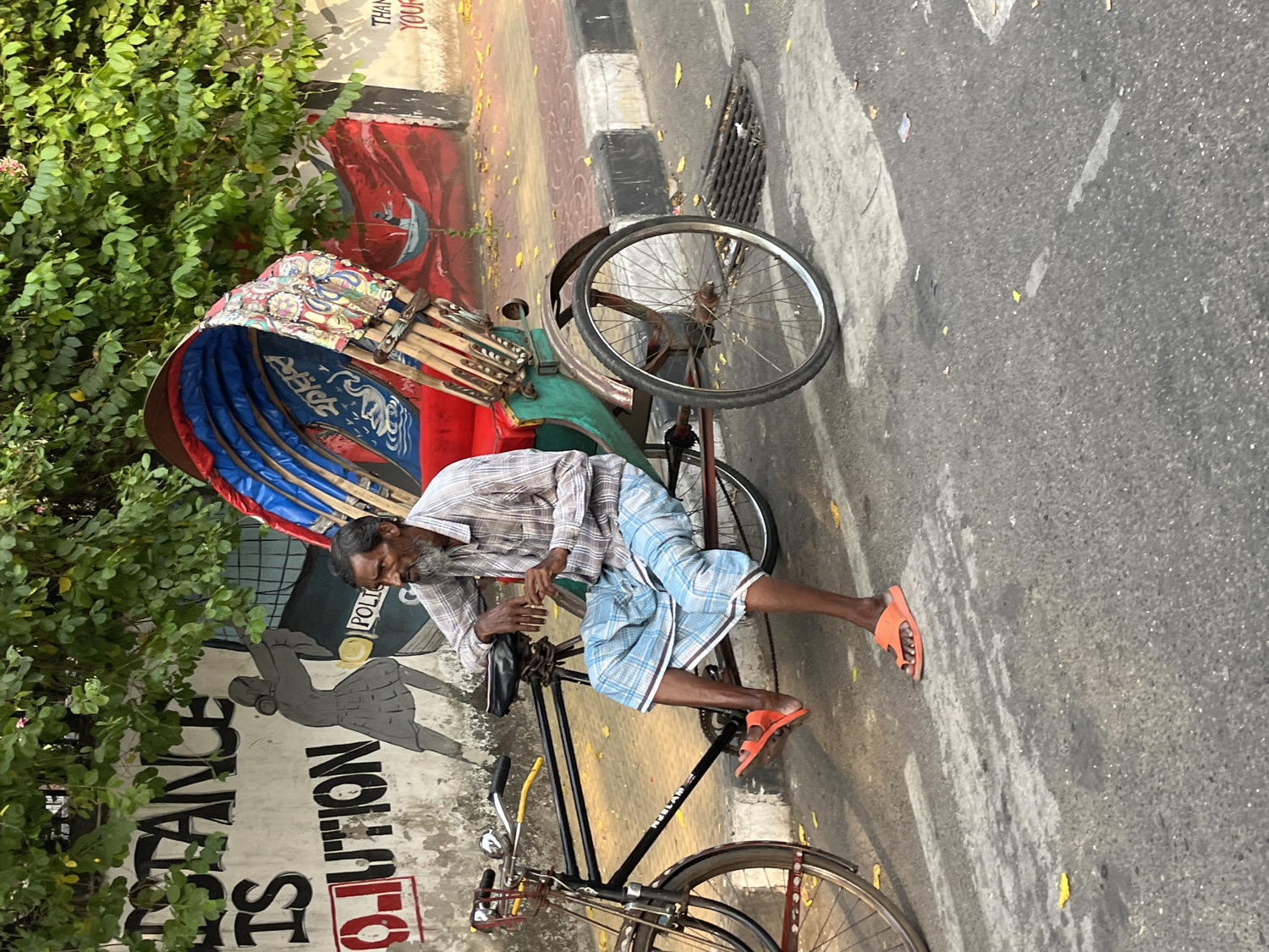 The image depicts a vibrant street scene, likely in Dhaka, Bangladesh, featuring a man and his colorful cycle rickshaw. The scene is captured in natural daylight, suggesting it is daytime.
The central figure is an older man, presumably a rickshaw puller, with a beard and dark hair. He is dressed in a plaid shirt and a blue and white checkered lungi, a common garment in the region. He wears bright orange slide sandals. The man is leaning forward, resting his forearms on the handlebars of his rickshaw, appearing to be in a moment of rest or waiting.
His cycle rickshaw is prominently featured, characterized by its intricately decorated, multi-colored canopy in shades of red, blue, and white, adorned with traditional patterns and possibly script. The main body of the rickshaw is green, with a black bicycle frame.
In the background, to the left, is lush green foliage from a tree or bush. Behind the man and the rickshaw, there's a wall with various painted murals and graffiti. Visible text on the wall includes "REVOLUTION" written vertically in large black and red letters, "CHANCE" to its left, and "POLIC" on a dark background. Faintly visible in the upper right background of the wall is the phrase "THANK YOU."
The rickshaw and man are positioned on the edge of an asphalt road, next to a concrete sidewalk. Scattered yellow leaves are visible on both the road and the sidewalk, and a metal drain cover is on the road. The bright lighting casts clear shadows, highlighting the textures of the street and the details of the rickshaw and wall art.