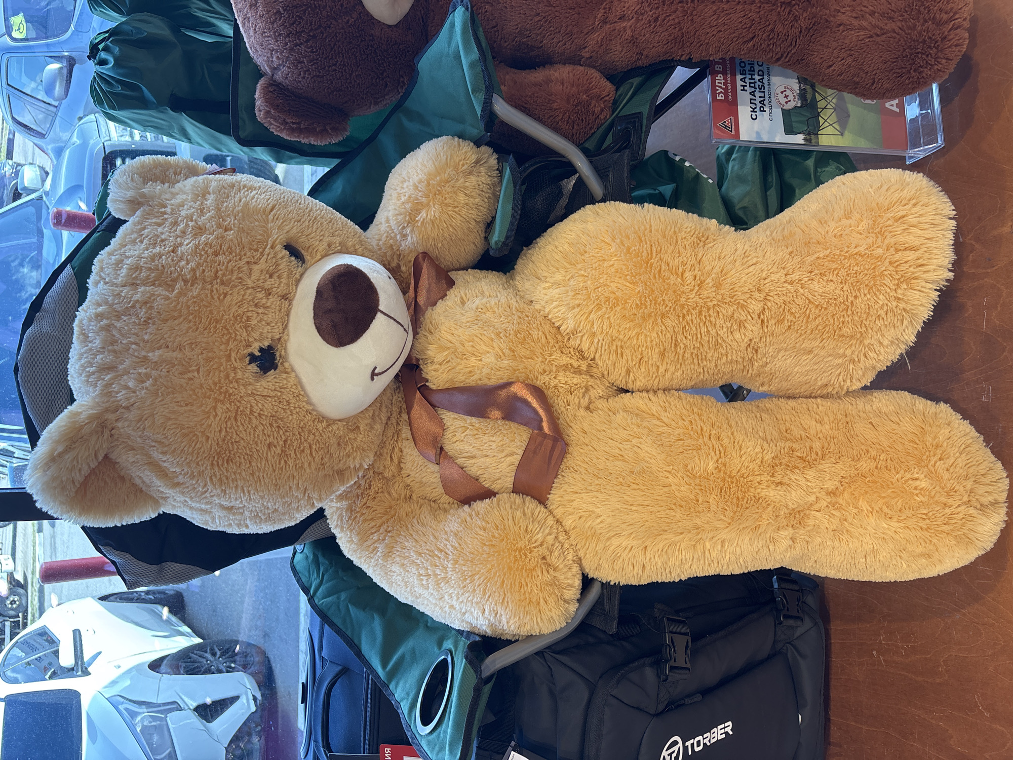 A large, light brown teddy bear sits in a green folding chair. The teddy bear has a brown ribbon tied around its neck and is facing slightly to the right. Behind the teddy bear, another brown teddy bear is partially visible, also seated in a green folding chair. To the left of the light brown teddy bear, a black backpack with the "Torber" logo is visible. In the background, through a glass window, several vehicles are parked, including a white car with damaged front end and a blue SUV. A red cylindrical object is also visible in the background. A price tag with Russian text and images of camping chairs is placed in front of the brown teddy bear on the right. The scene appears to be an indoor retail environment, possibly a store, with a wooden surface in the foreground.