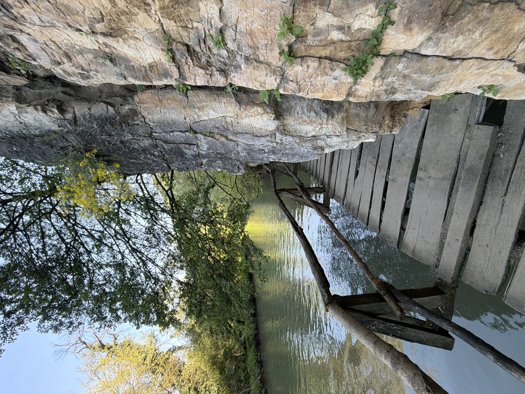 A landscape scene depicts a narrow river or canal with a wooden plank walkway running alongside it. The waterway reflects light and trees. Trees line the bank opposite the walkway. Above the walkway is a rocky overhang. The photo was taken in Petrevene, Bulgaria. There are no people visible in the frame.