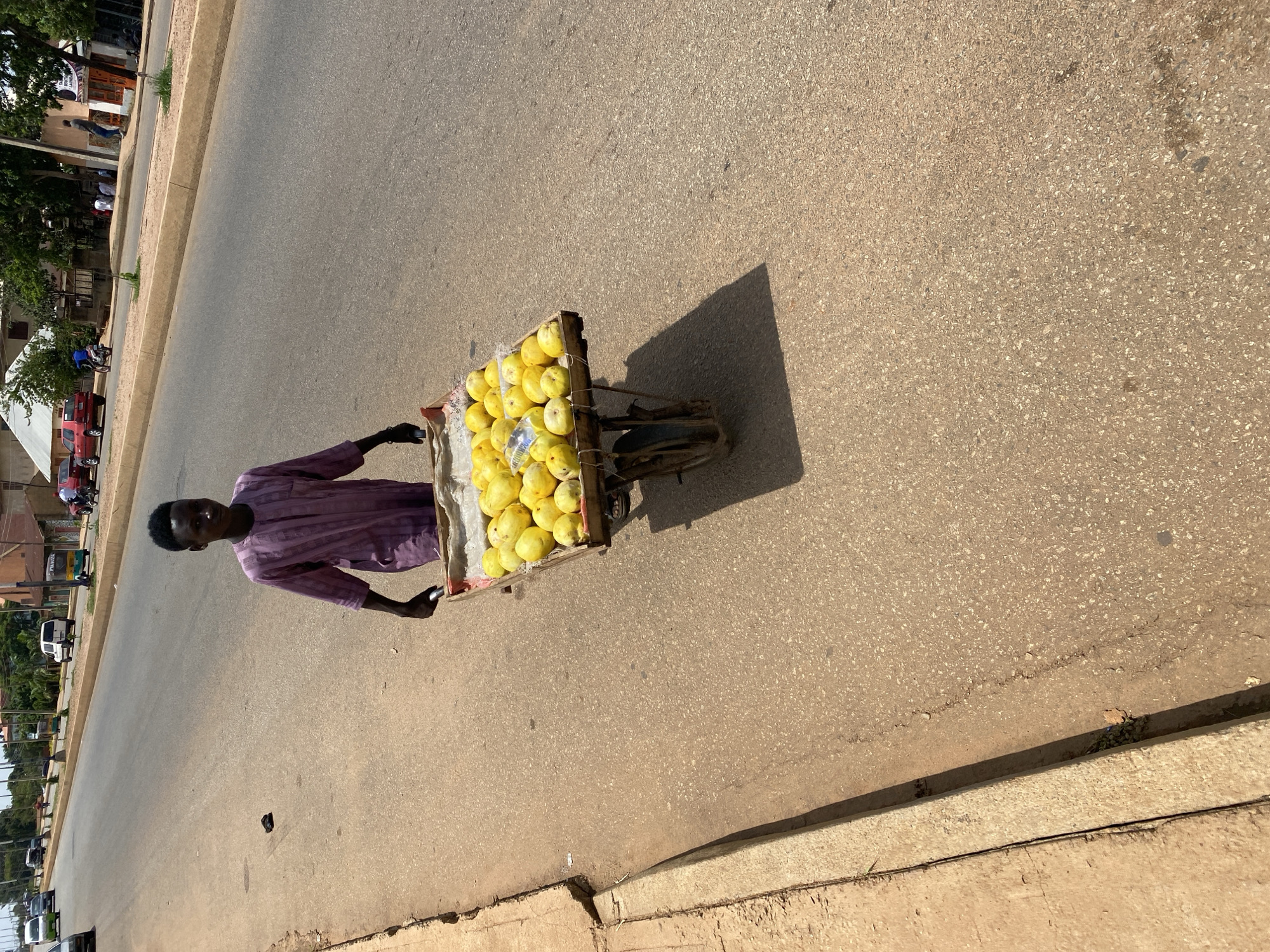 In Bukuru, Nigeria, a young Black male, appearing to be in his late teens or early twenties, is depicted walking on a paved road. He is wearing a long-sleeved purple traditional garment with vertical striped patterns. He is pushing a cart loaded with a large quantity of yellow fruits, possibly mangoes, which are arranged in the cart. The cart is a wooden structure with a metal frame and a single wheel at the front. The road is a two-lane asphalt surface with a paved shoulder on the left side of the image, which features a concrete curb. The background shows a street with other vehicles, including a white SUV and a green and yellow tricycle, as well as buildings and trees. The lighting suggests it is daytime, with strong sunlight casting shadows. A piece of dark-colored footwear is lying on the road to the left of the cart.