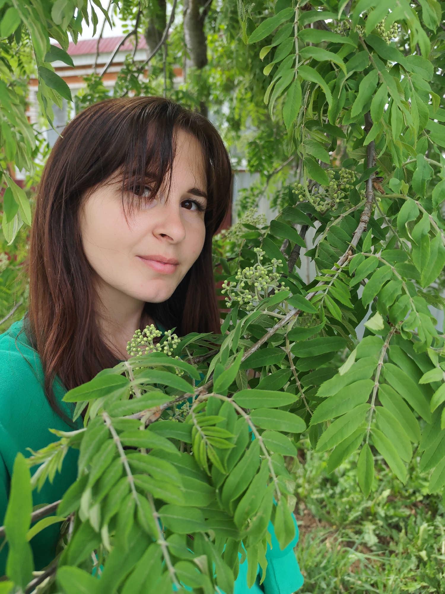 A woman with brown hair and a green shirt stands among the foliage of a tree with compound leaves and small green buds. The setting appears to be outdoors, possibly in a garden or park. In the background, a building with a red roof and fence can be seen. It is in Фоки, Russia.