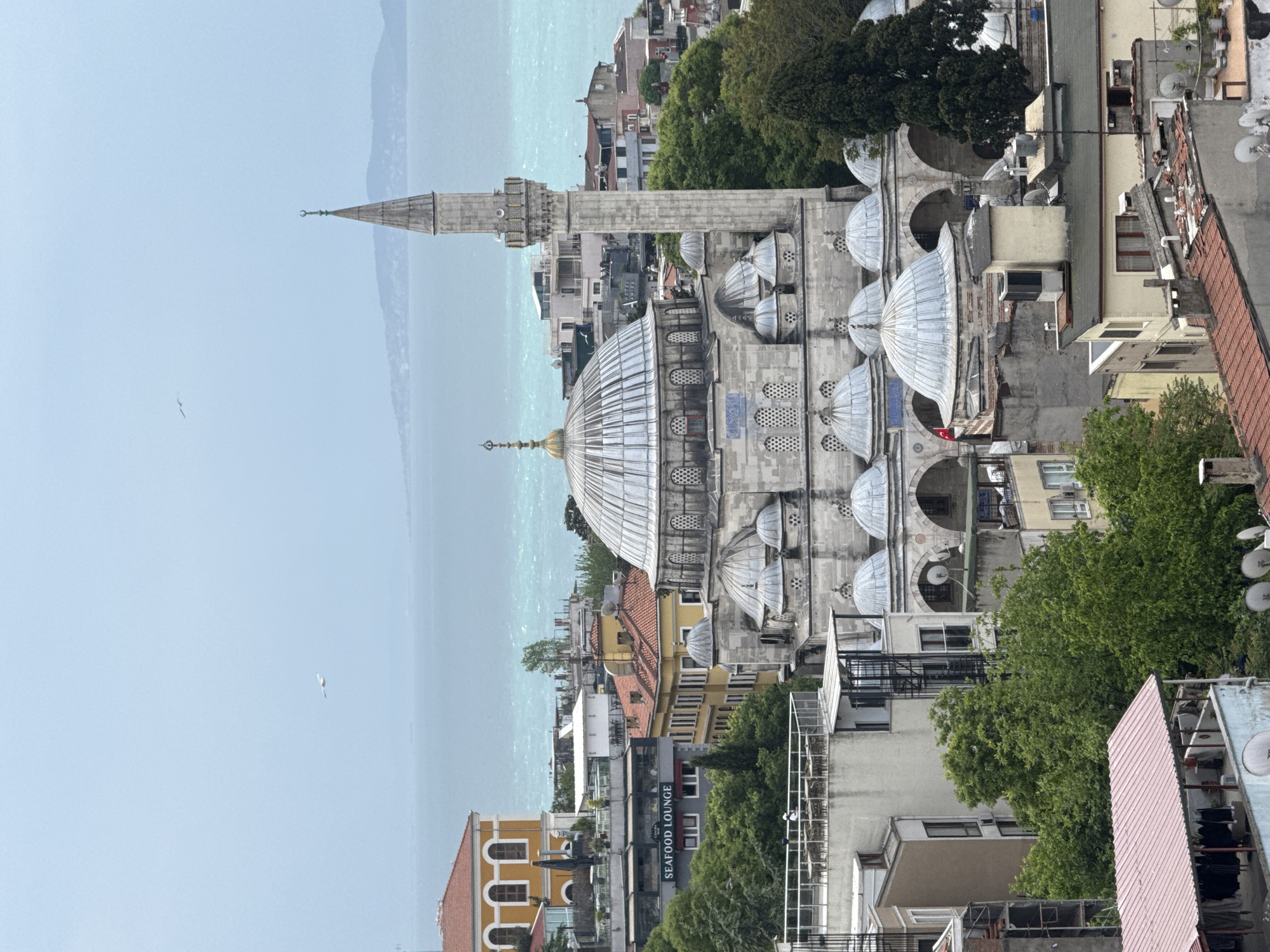 The image shows an aerial view of a mosque in Istanbul, Turkey. The mosque is predominantly gray, with a large central dome surrounded by smaller domes. A tall minaret stands to the left of the mosque. The mosque is surrounded by buildings of varying heights and colors, including structures with red tile roofs, yellow facades, and signs for businesses like "SEAFOOD LOUNGE." Trees are interspersed among the buildings, adding green patches to the urban landscape. In the background, a body of water (likely the Bosphorus) is visible, with landmasses across the water appearing faint in the distance. The sky is a light, hazy blue. A bird is visible in the sky.