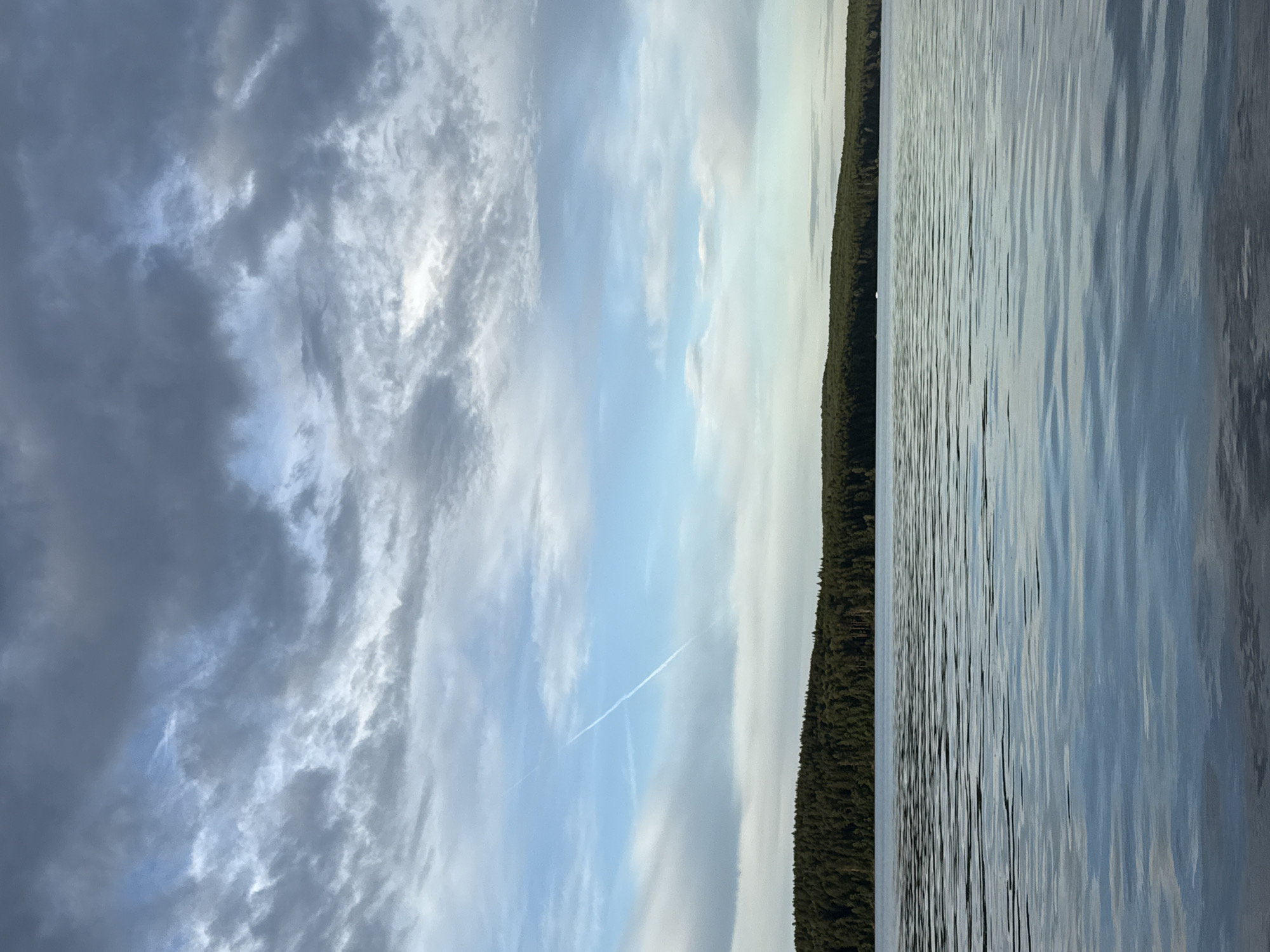 The image depicts a serene natural landscape with a focus on the intersection of sky and water. On the left side of the frame, a dramatic sky is filled with a mix of dark, textured clouds and lighter, wispy formations. The clouds are predominantly gray with hints of white, suggesting a dynamic weather pattern. A thin, white contrail from an aircraft stretches diagonally across the sky, adding a man-made element to the natural scene.
The right side of the image is dominated by the calm surface of a body of water, likely a lake or a wide river. The water reflects the sky, creating a pattern of shimmering blues and grays. Gentle ripples on the water's surface indicate a light breeze. Along the far edge of the water, a dense line of dark green coniferous trees forms a distinct horizon, suggesting a forested shoreline. The trees appear to be a uniform height, creating a solid, dark band against the lighter sky and water.
The lighting suggests it is either early morning or late afternoon, given the soft illumination and the contrast between the dark clouds and the bright sky. There are no people or specific objects visible, emphasizing the natural elements of the scene. The overall mood is one of tranquility and natural beauty. The location is identified as Chaikovsky, Russia, which, combined with the forest and water, implies a northern climate or landscape. No text is visible in the image.