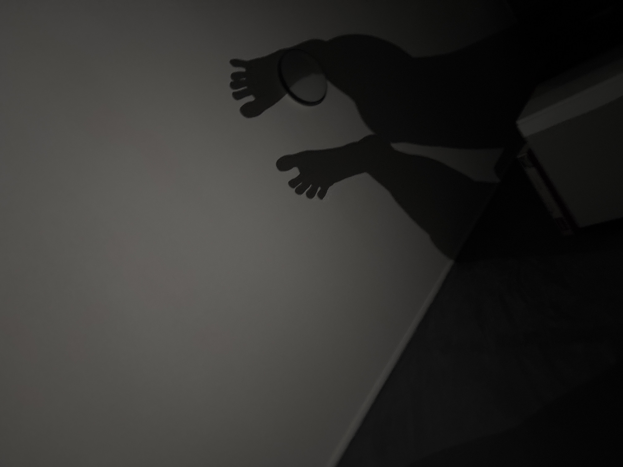 The image shows the shadows of two human feet and a circular object, possibly a ring, cast against a wall or surface. The shadows indicate the feet are slightly elevated and positioned close together. The overall tone of the image is dark and monochromatic. No details suggest a location in Belopoptsi, Bulgaria or any specific location. A portion of a possibly metallic object is to the side.