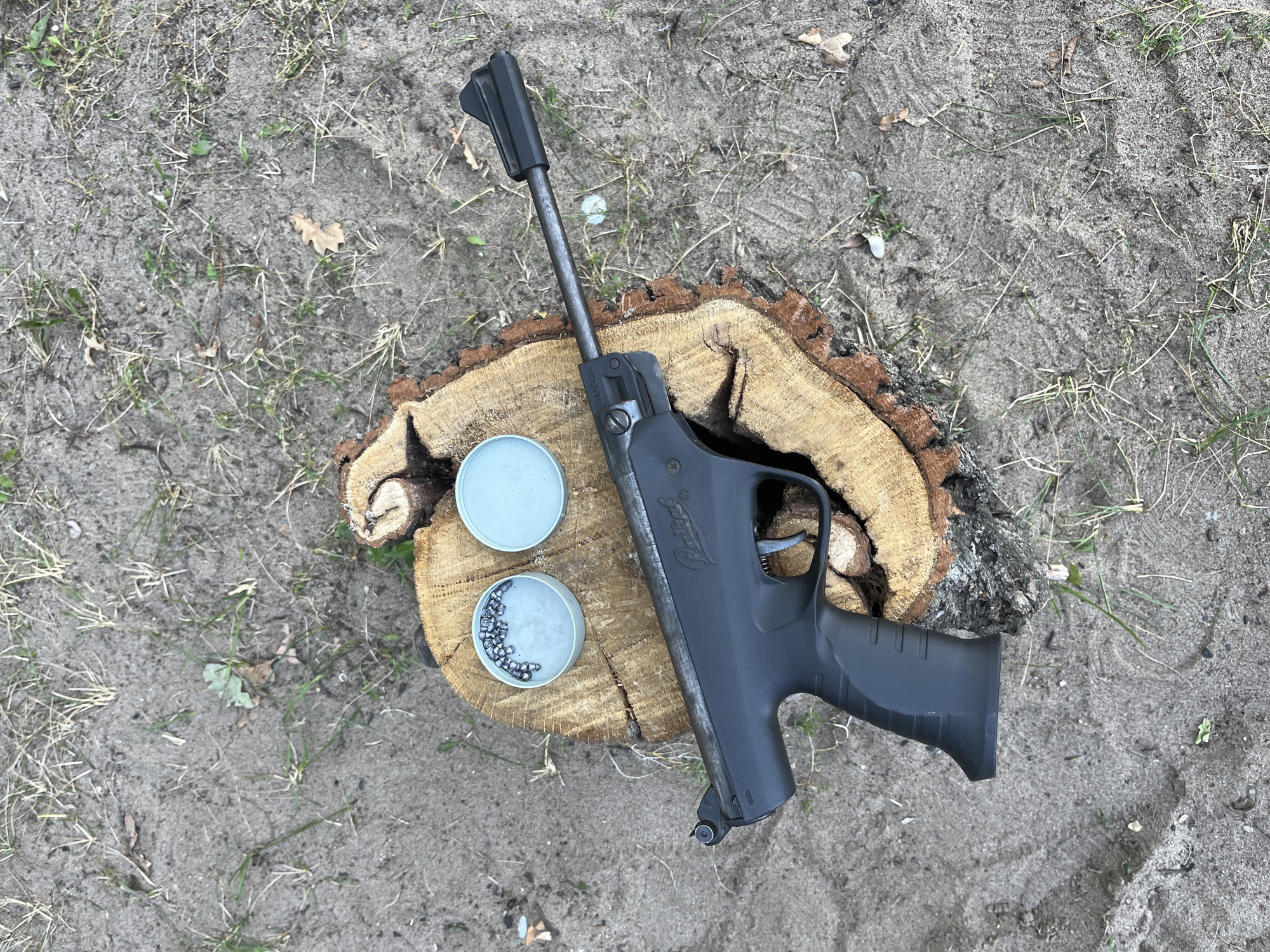 An air rifle, two small containers of pellets, and a piece of cut wood are arranged on sandy ground with sparse grass. The air rifle is black with a silver barrel and is positioned on its side. One container is open and filled with pellets, while the other is closed. The wood is a roughly cut cross-section of a tree trunk. The scene is outdoors, likely in a rural or park-like area, not within the city of Saratov, Russia. There are no people or actions depicted.