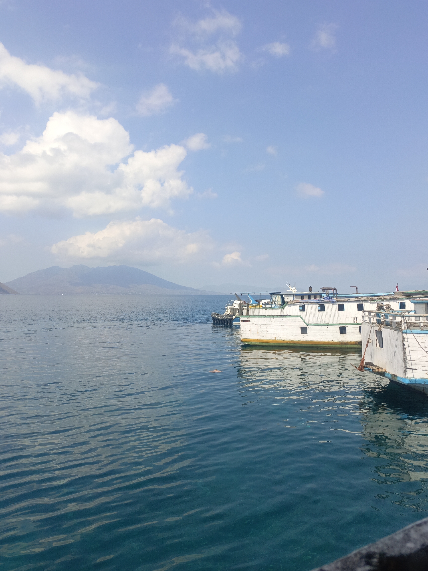 A body of calm, blue water fills the foreground and midground of the image, with ripples reflecting the bright sky. In the distance, a large, green-tinged mountain rises from the horizon, partially obscured by a line of white clouds. To the right, a cluster of white and blue boats are docked. The boats are long and appear to be made of wood, with multiple decks and cabins. Some have visible windows and railings. The sky above is a pale blue, with scattered white clouds. The image appears to be taken on a sunny day, likely in the city of Lewolere, Indonesia, given the presence of boats typical of Southeast Asian waters.