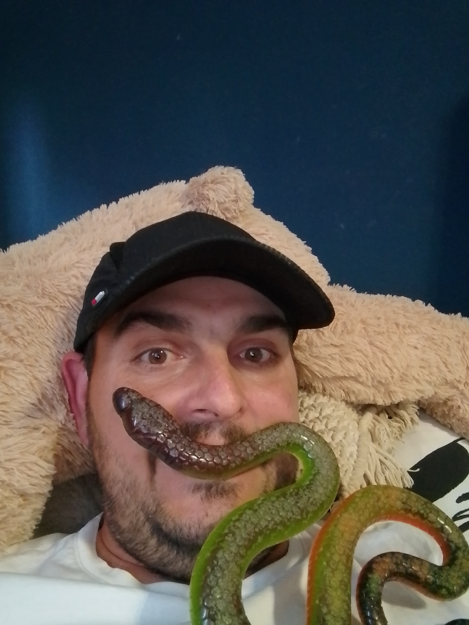 A man is lying down, possibly on a couch or bed, with a large, fuzzy, light-brown pillow behind his head and shoulders. He is wearing a white t-shirt and a black baseball cap. A dark-colored gummy candy, shaped like a snake, is draped across his upper lip and mouth, with its head resting on his nose. Another gummy candy, this one green and orange, is visible in the lower right portion of the image, also appearing to be snake-shaped and coiled. The background is a dark blue wall. The scene appears to be indoors, in a domestic setting. There is no information in the image to suggest a location in Wedel, Germany.